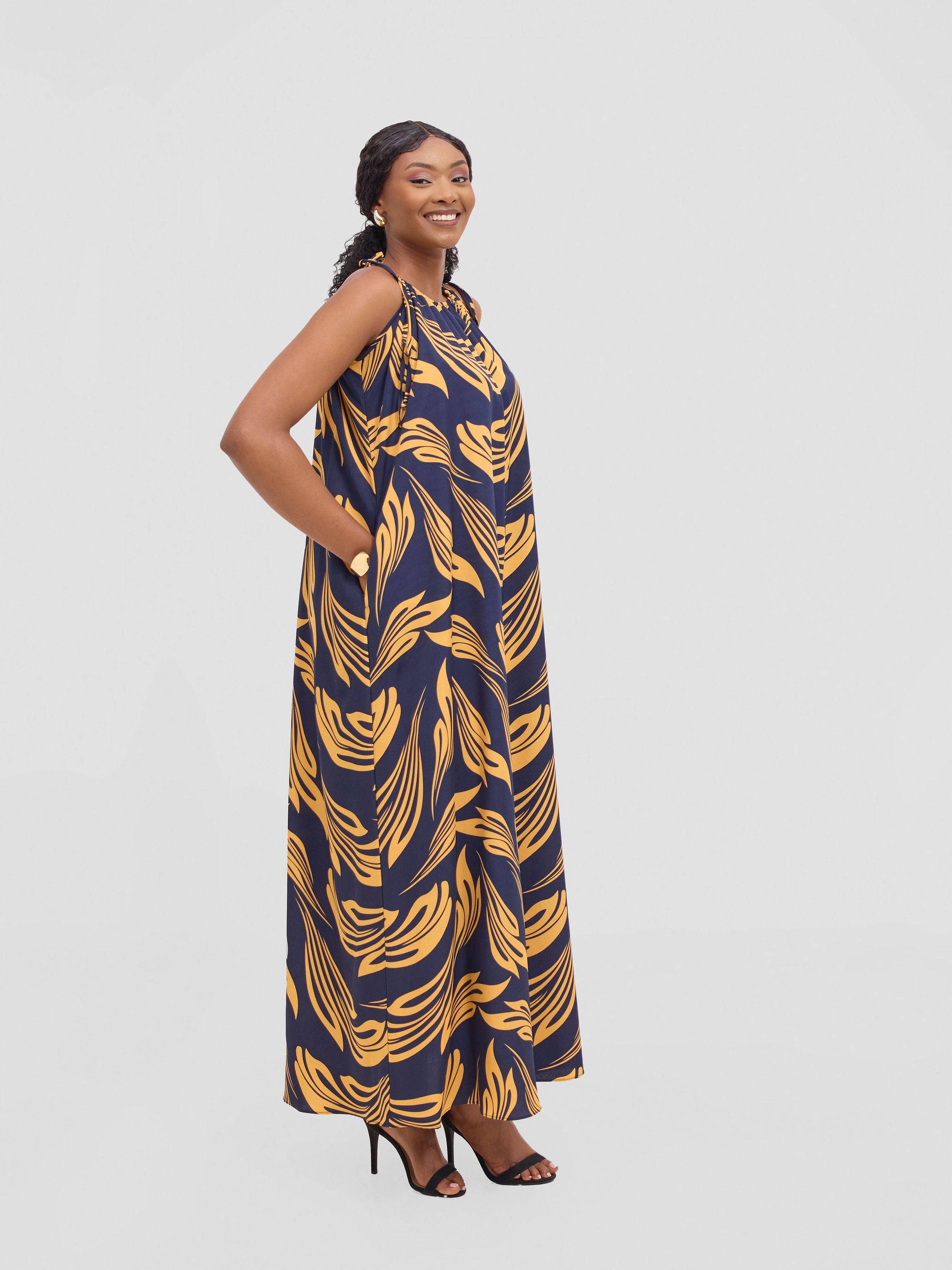 Vivo Maisha Strappy Maxi Cover Up Dress - Navy / Mustard Print