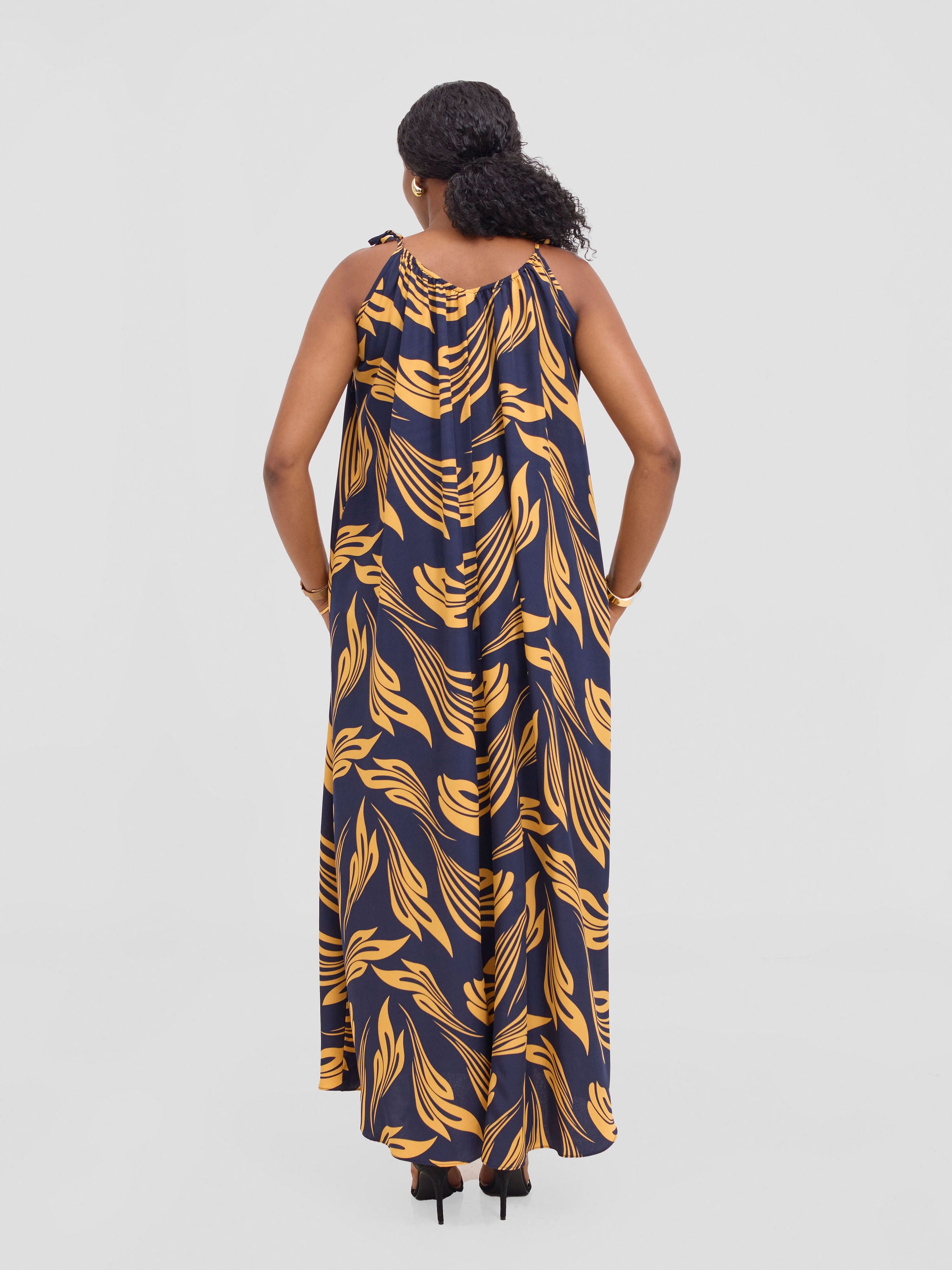 Vivo Maisha Strappy Maxi Cover Up Dress - Navy / Mustard Print