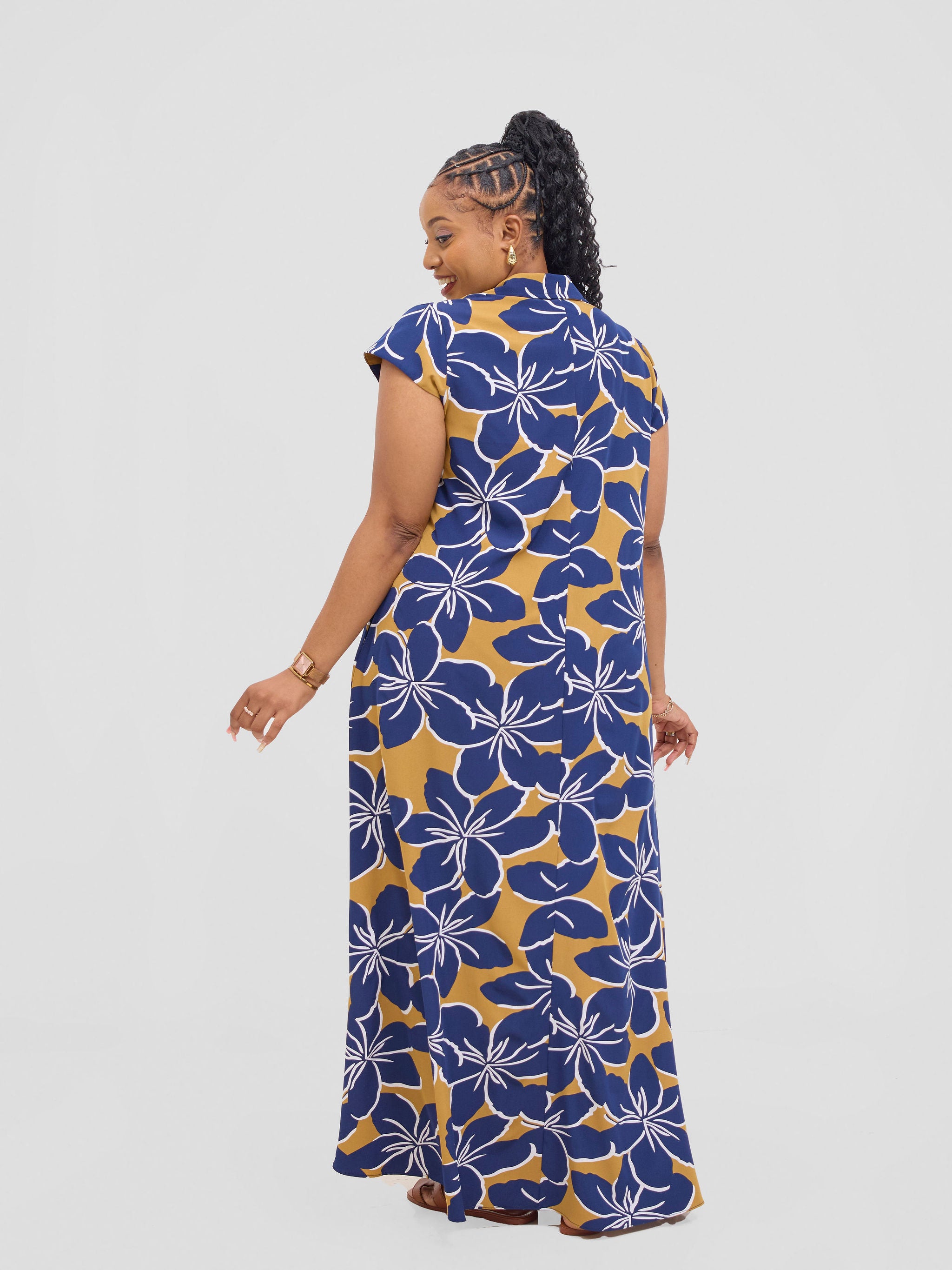 Vivo Zuri Cap Sleeved Maxi Dress - Navy / Dark Mustard Uri Print