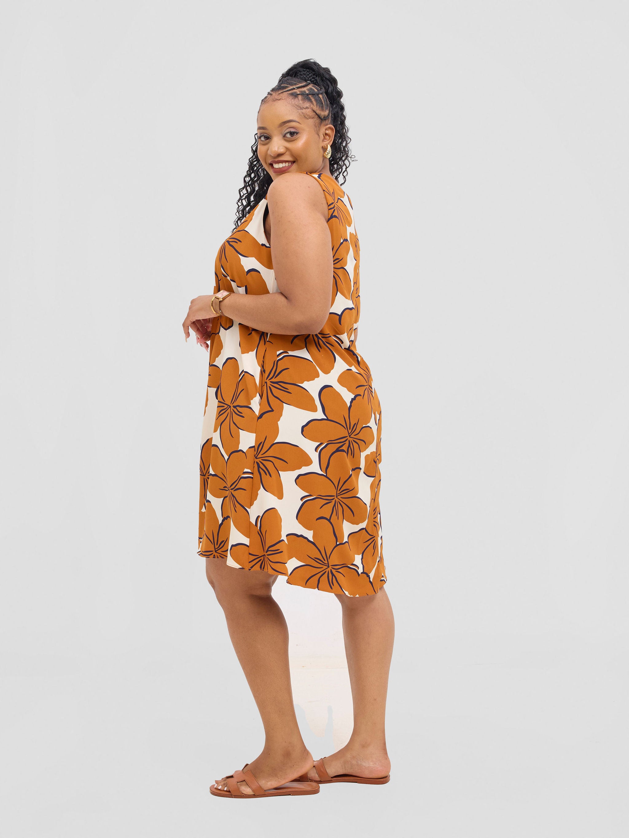 Vivo Ava Front Pleat Knee Length Dress - Peach / Teal Print
