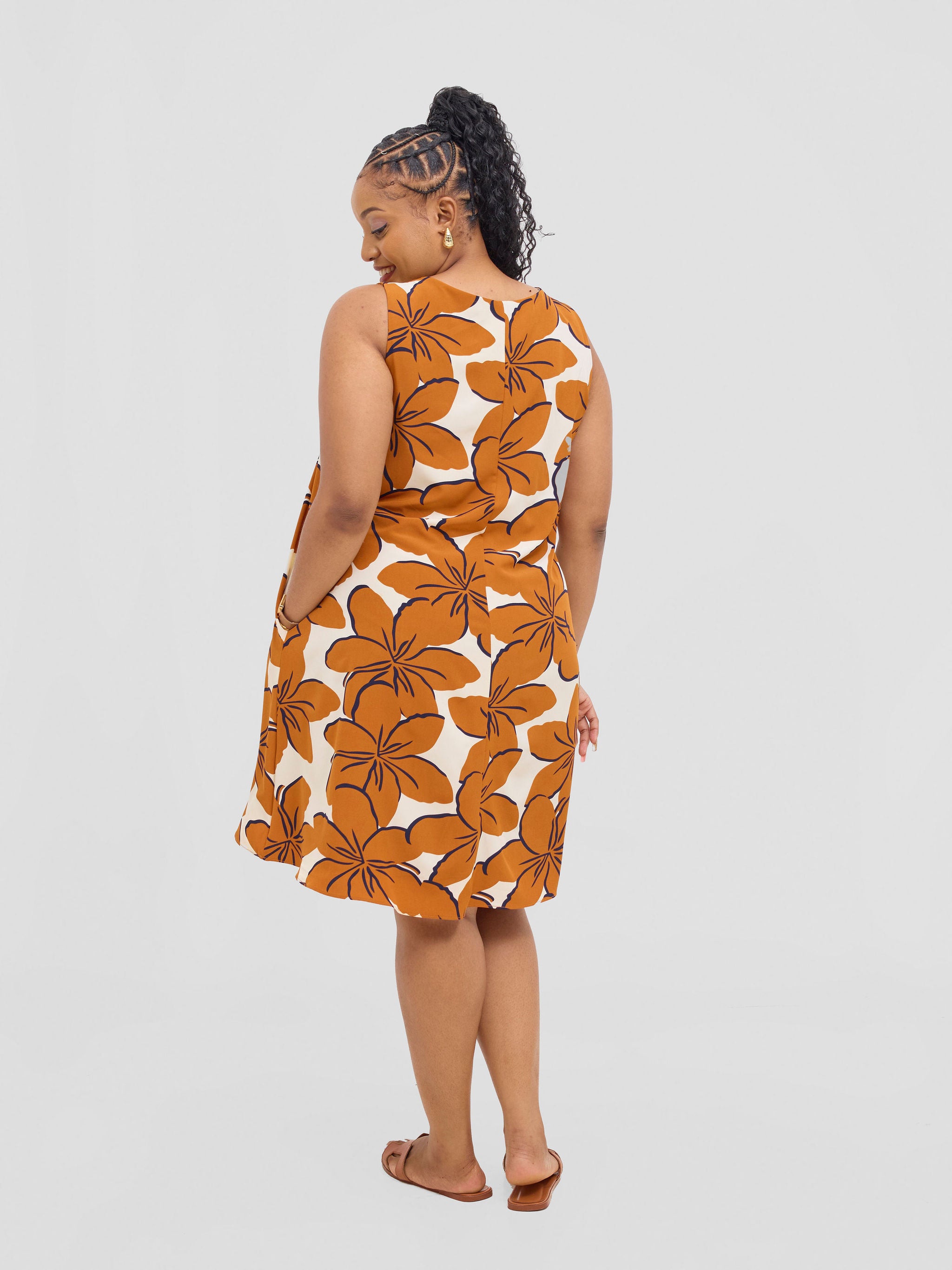 Vivo Ava Front Pleat Knee Length Dress - Peach / Teal Print