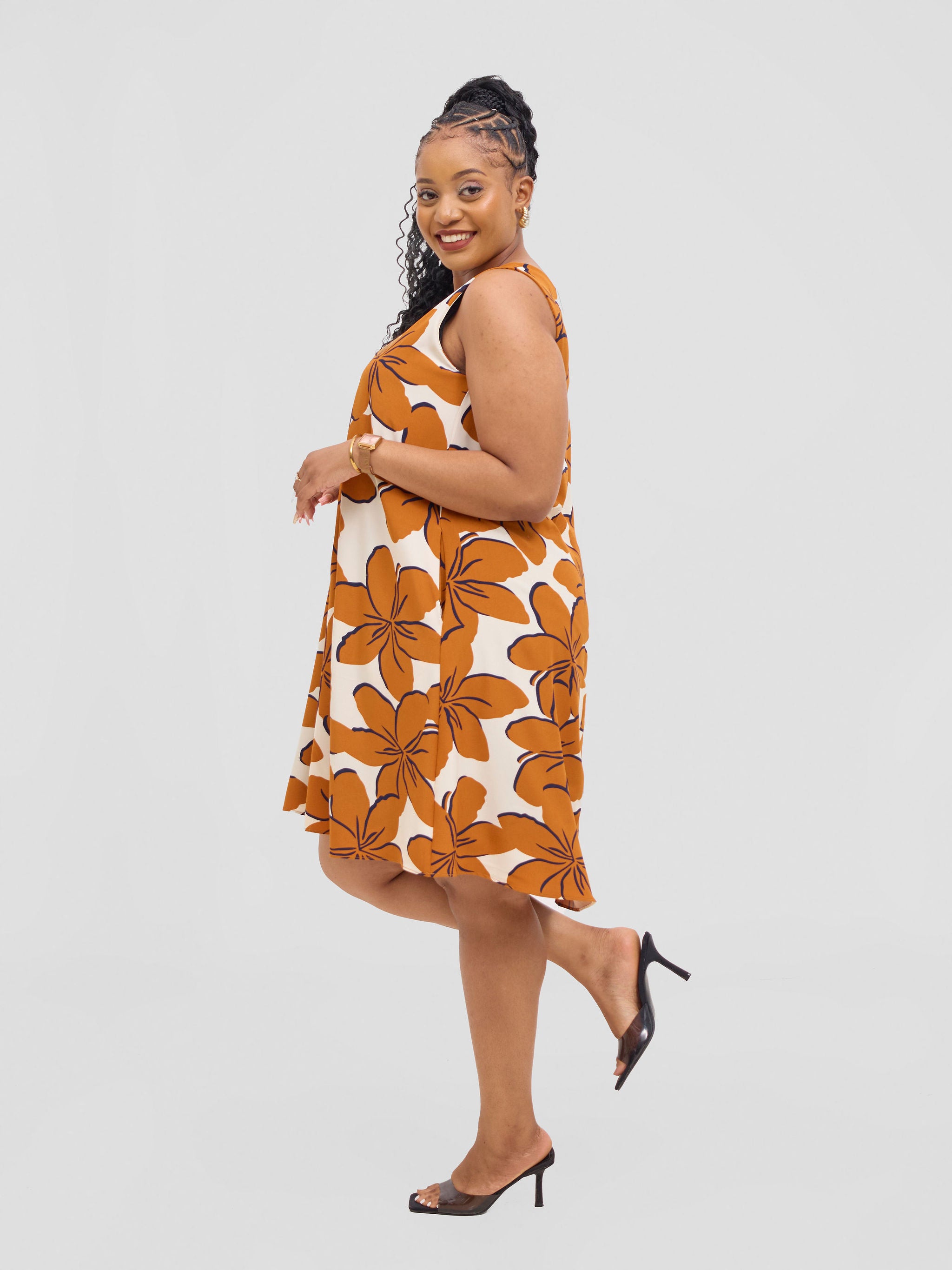 Vivo Ava Front Pleat Knee Length Dress - Peach / Teal Print
