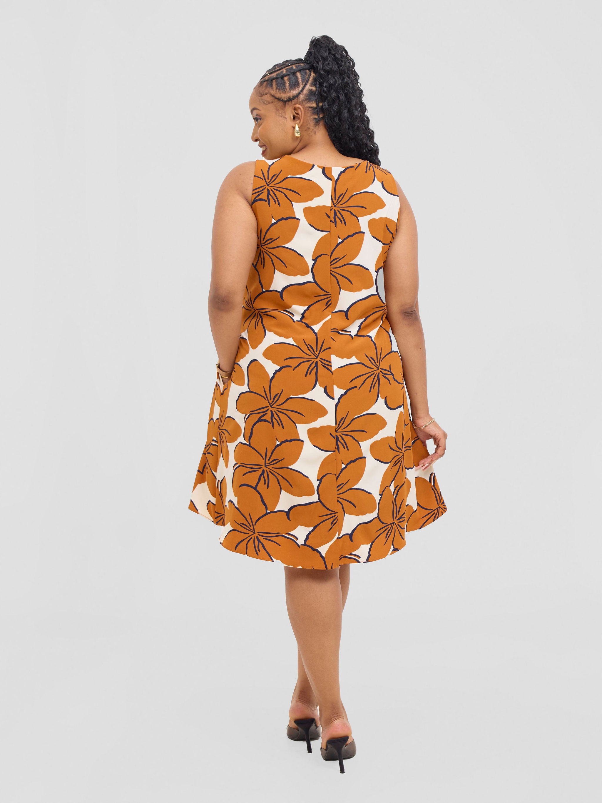 Vivo Ava Front Pleat Knee Length Dress - Peach / Teal Print