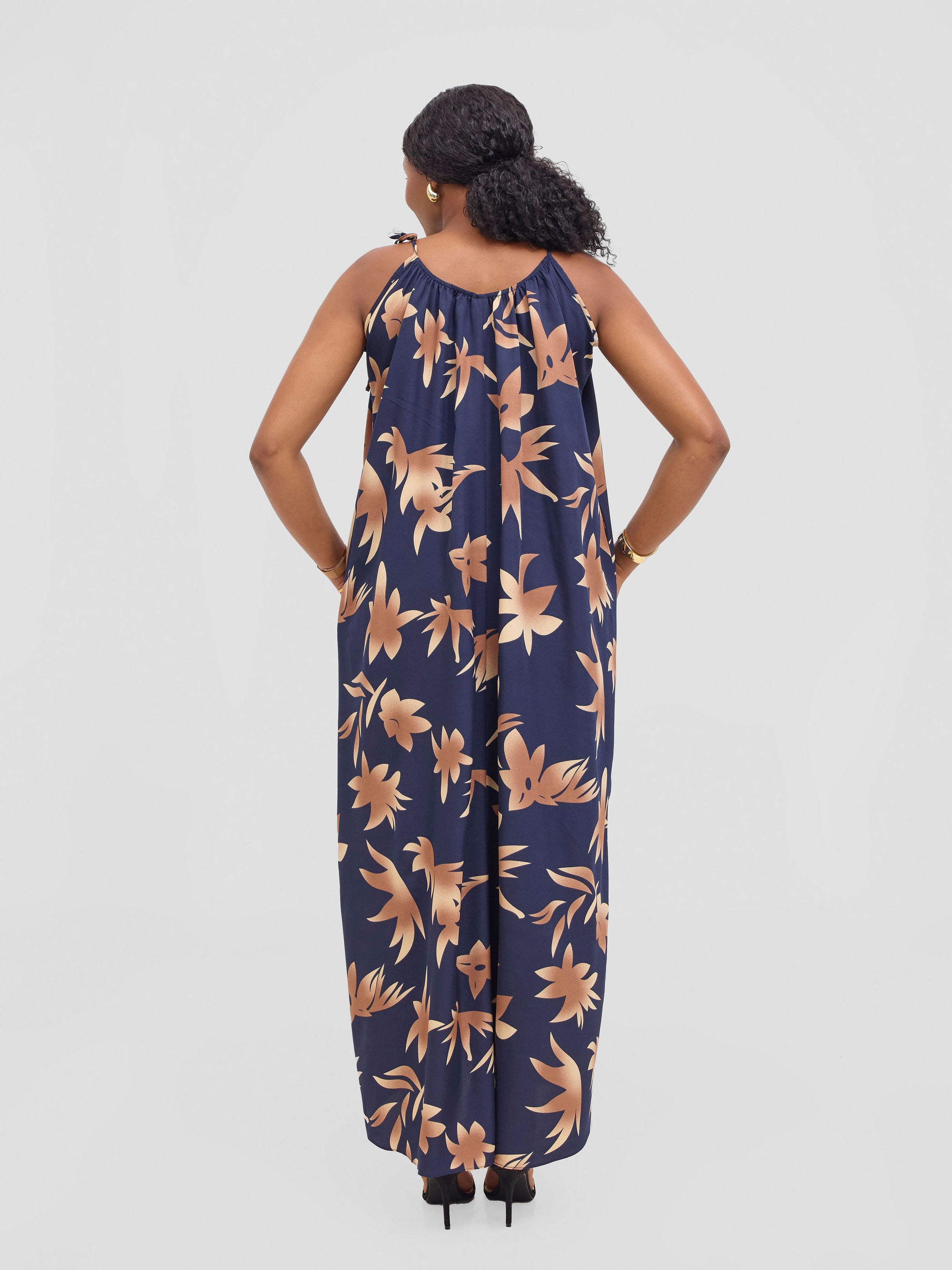 Vivo Maisha Strappy Maxi Cover Up Dress - Brown / Navy Print