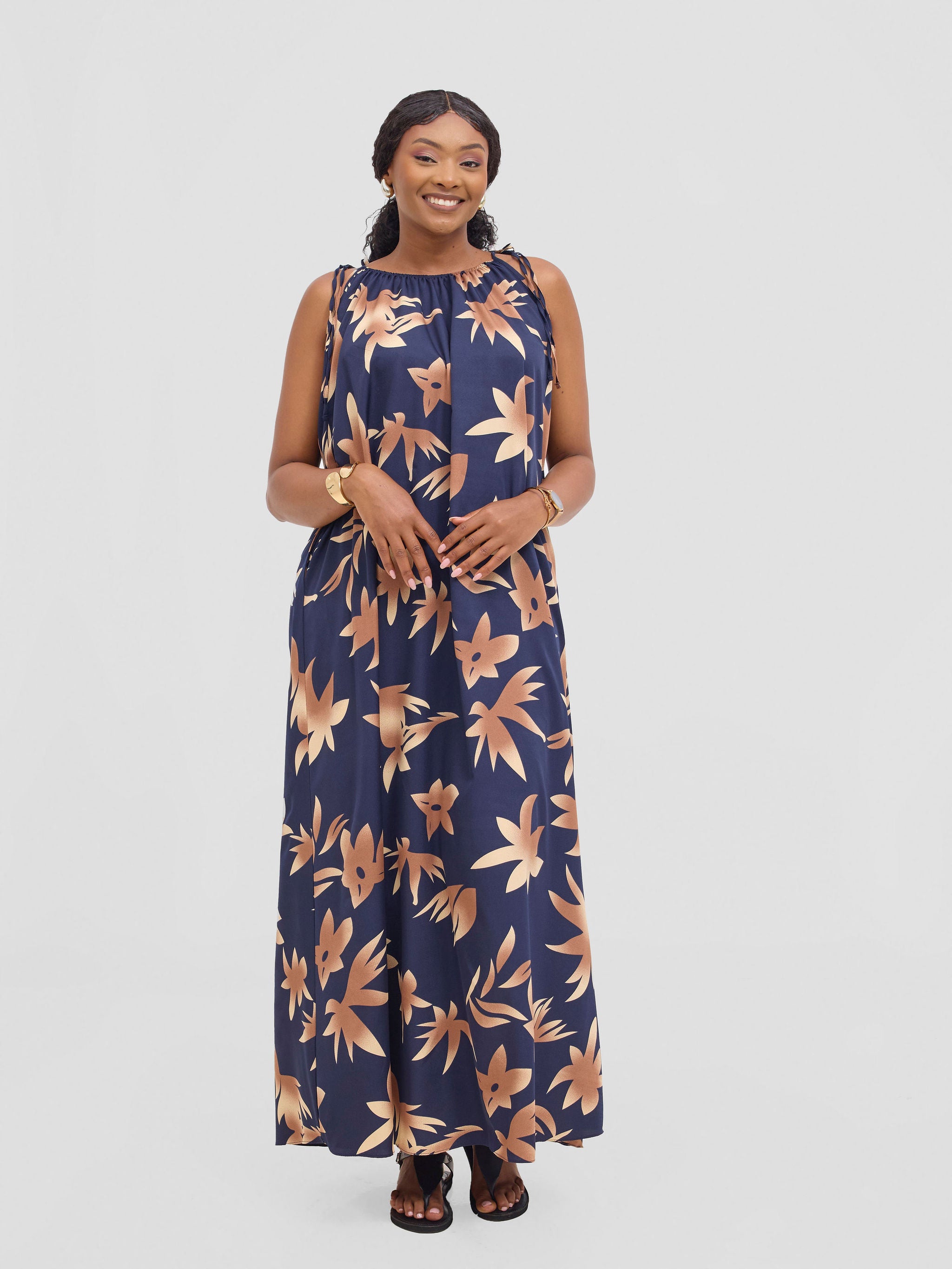 Vivo Maisha Strappy Maxi Cover Up Dress - Brown / Navy Print