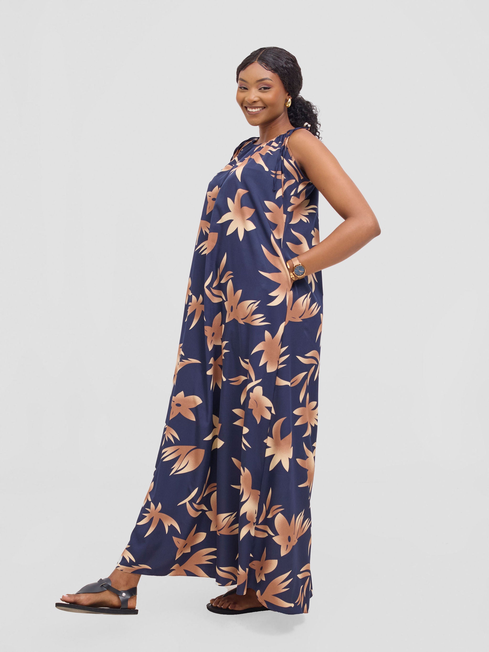 Vivo Maisha Strappy Maxi Cover Up Dress - Brown / Navy Print