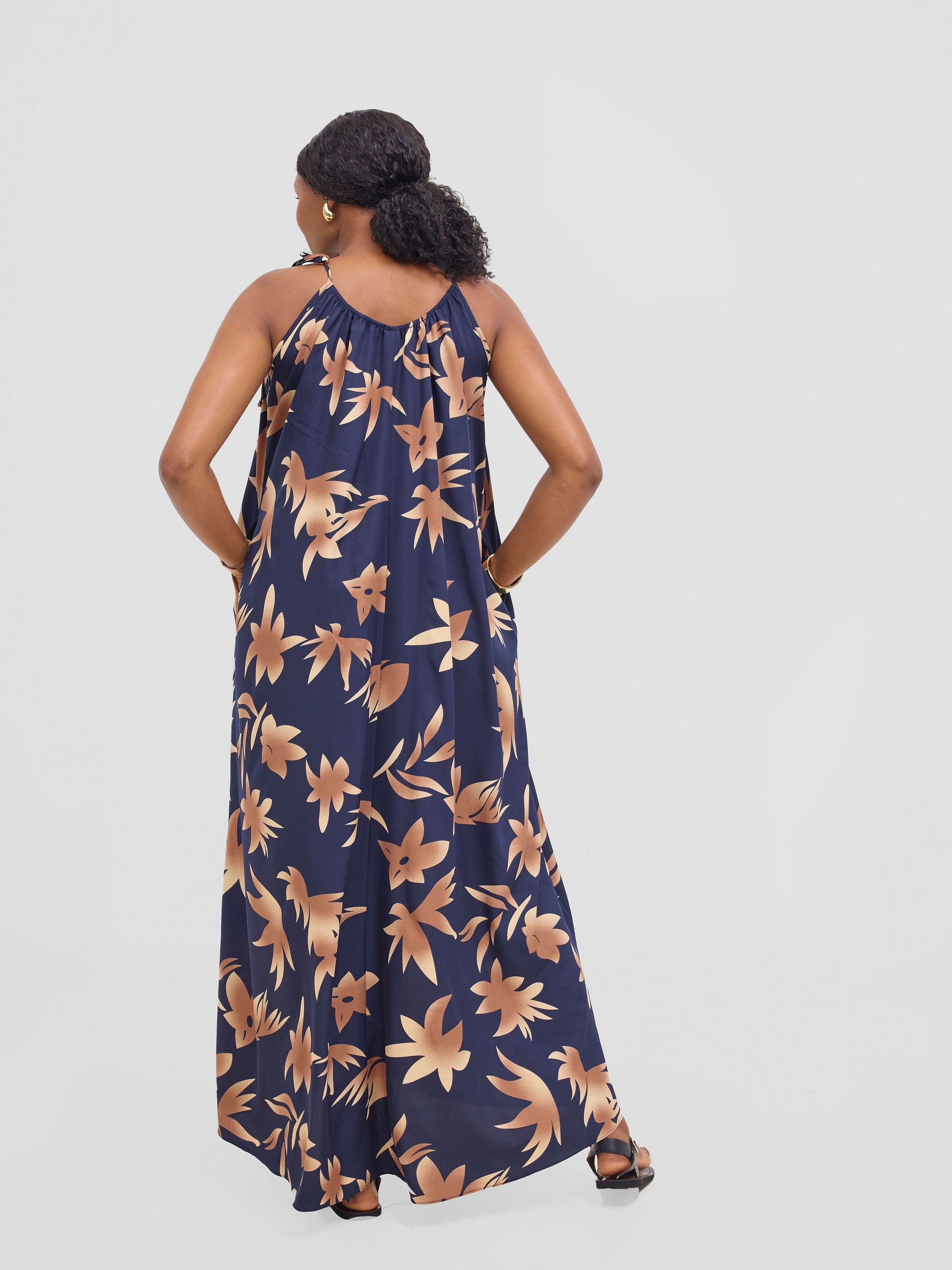Vivo Maisha Strappy Maxi Cover Up Dress - Brown / Navy Print