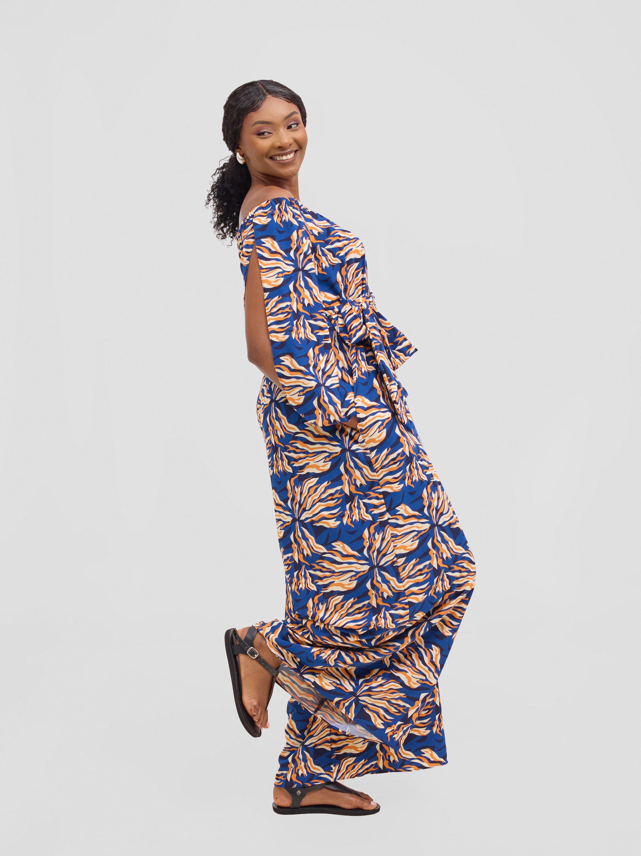 Vivo Yumi Off Shoulder Jumpsuit - Navy / Orange Miyu Print