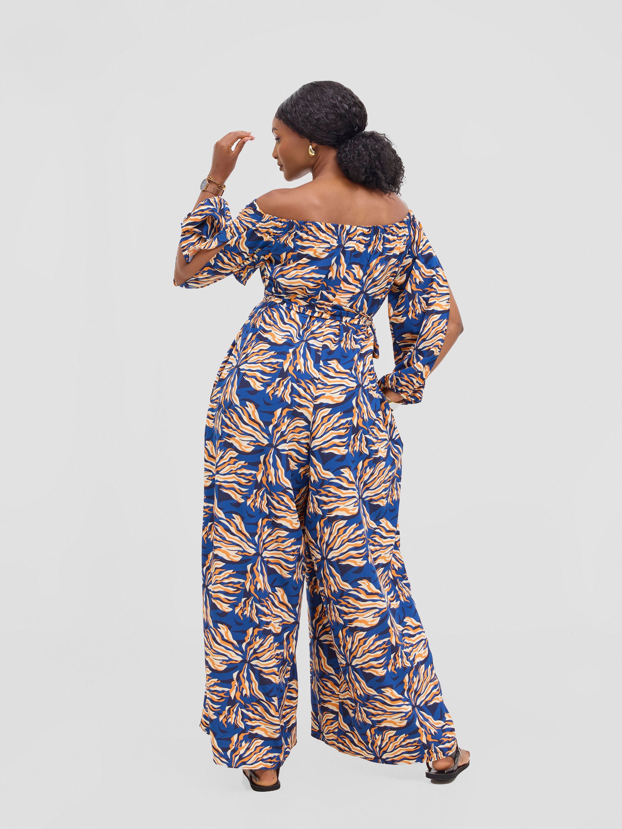 Vivo Yumi Off Shoulder Jumpsuit - Navy / Orange Miyu Print