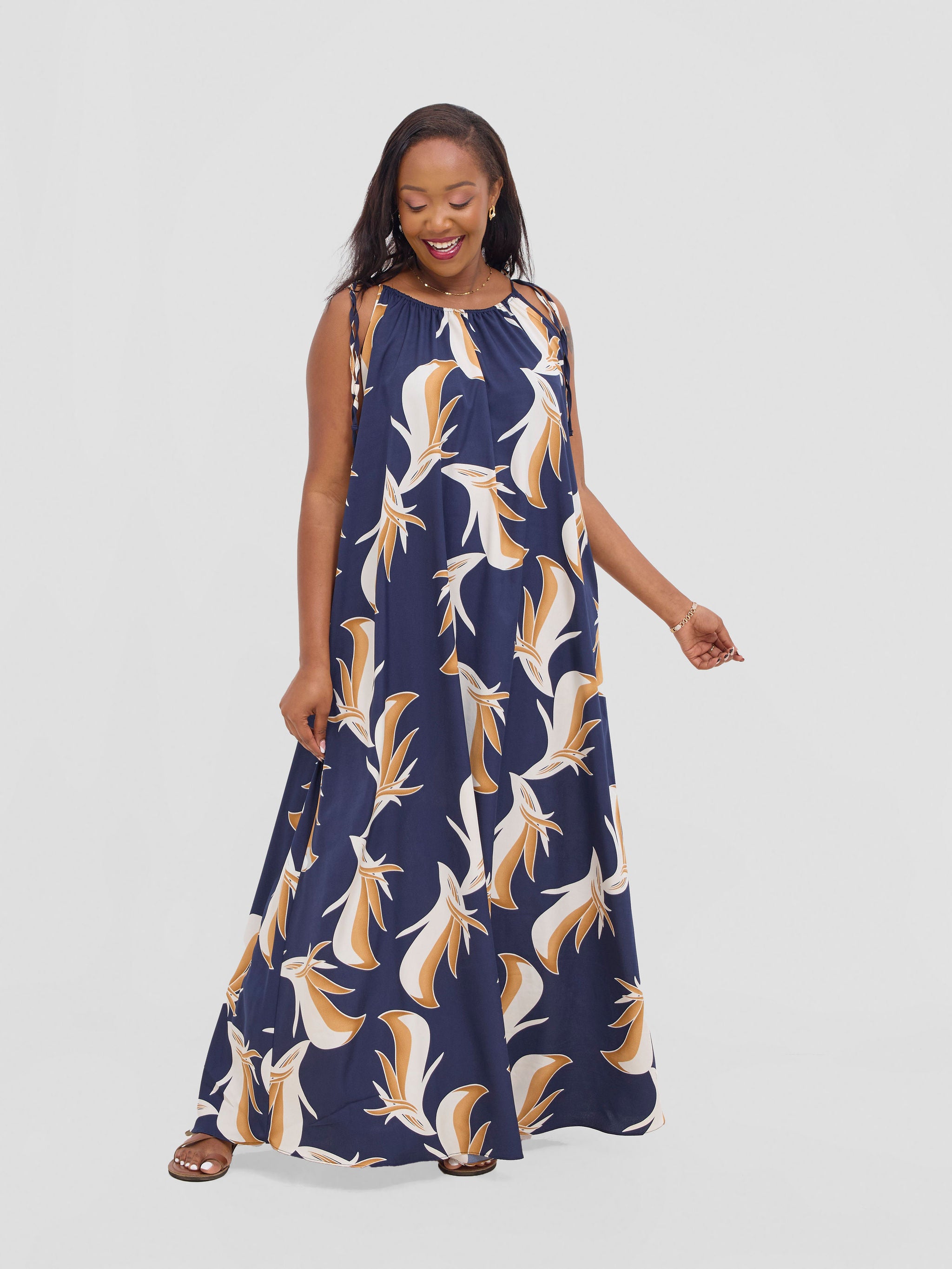 Vivo Maisha Strappy Maxi Cover Up Dress - Navy / Off White Print