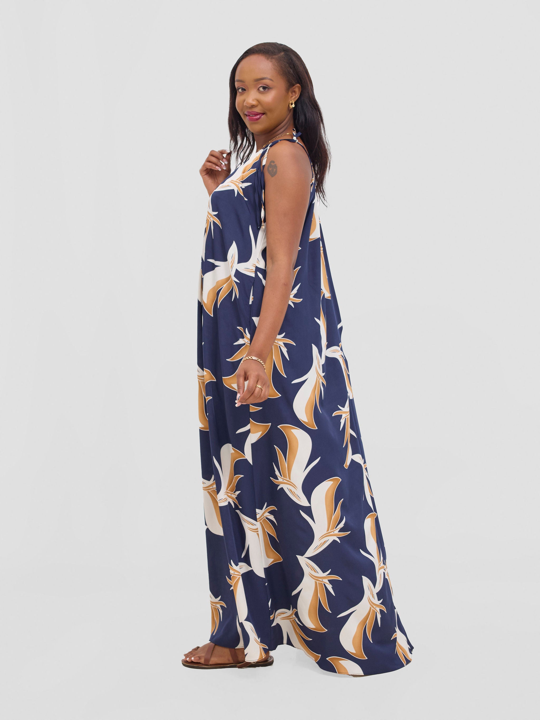 Vivo Maisha Strappy Maxi Cover Up Dress - Navy / Off White Print