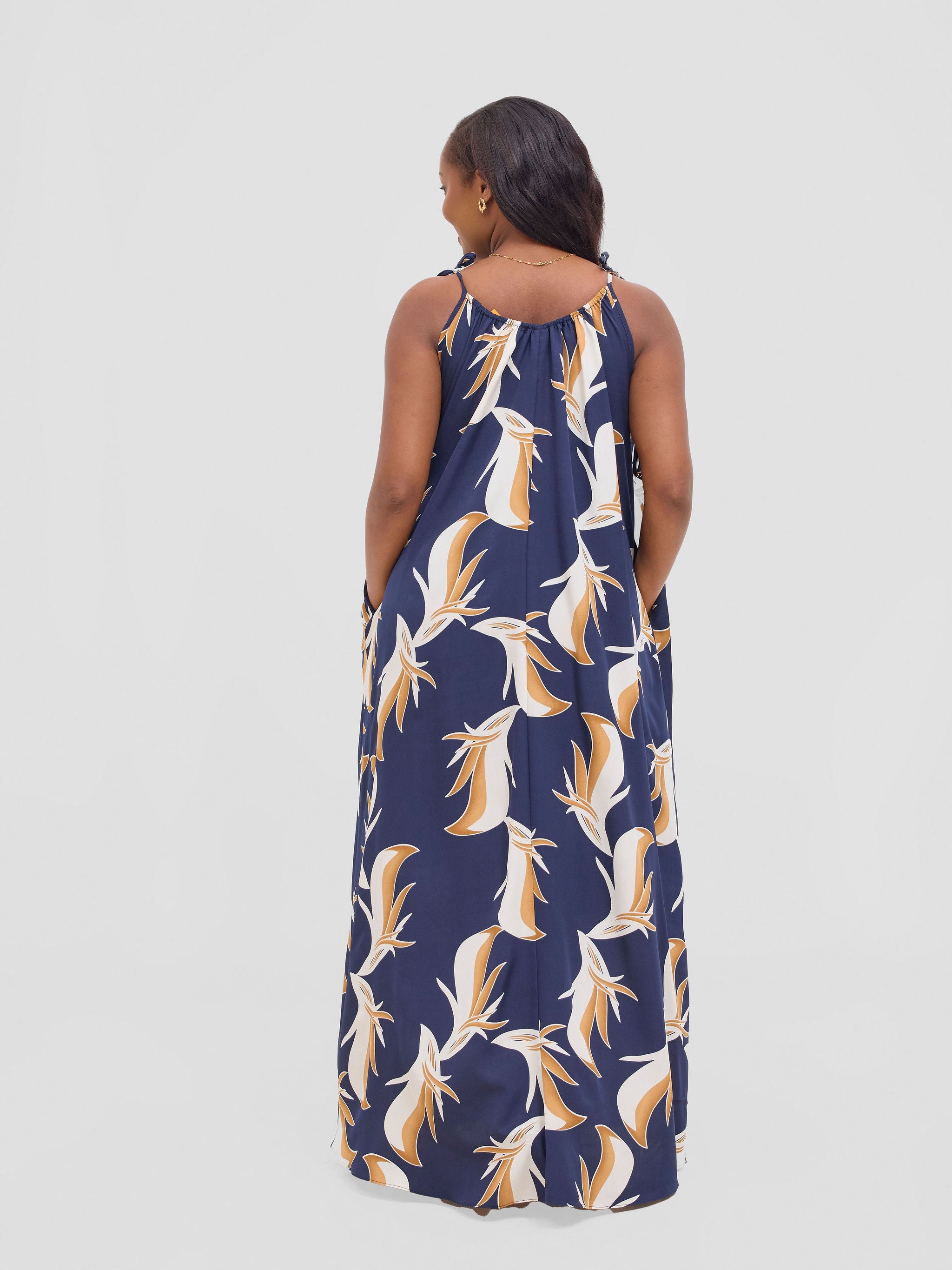 Vivo Maisha Strappy Maxi Cover Up Dress - Navy / Off White Print