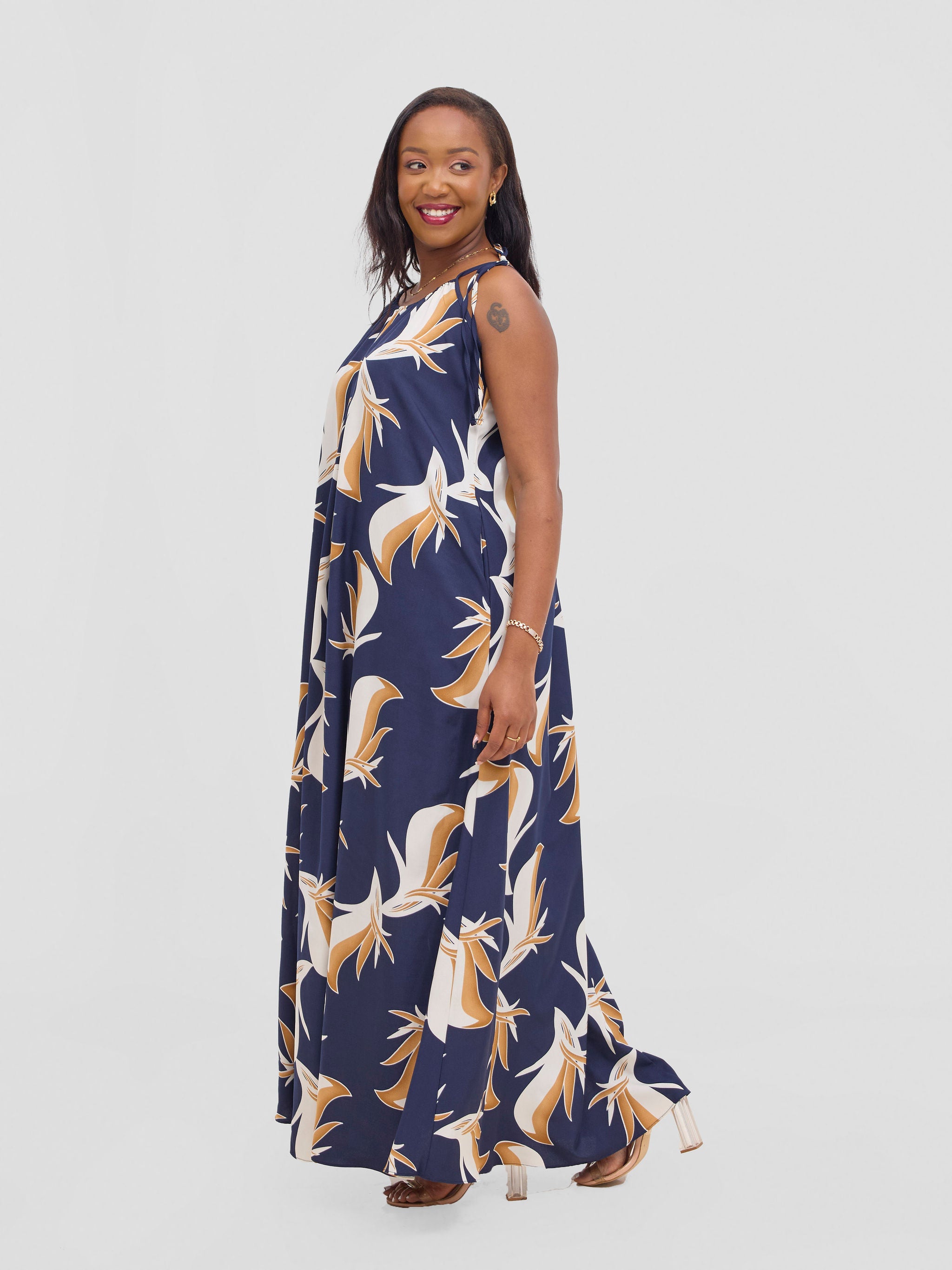 Vivo Maisha Strappy Maxi Cover Up Dress - Navy / Off White Print