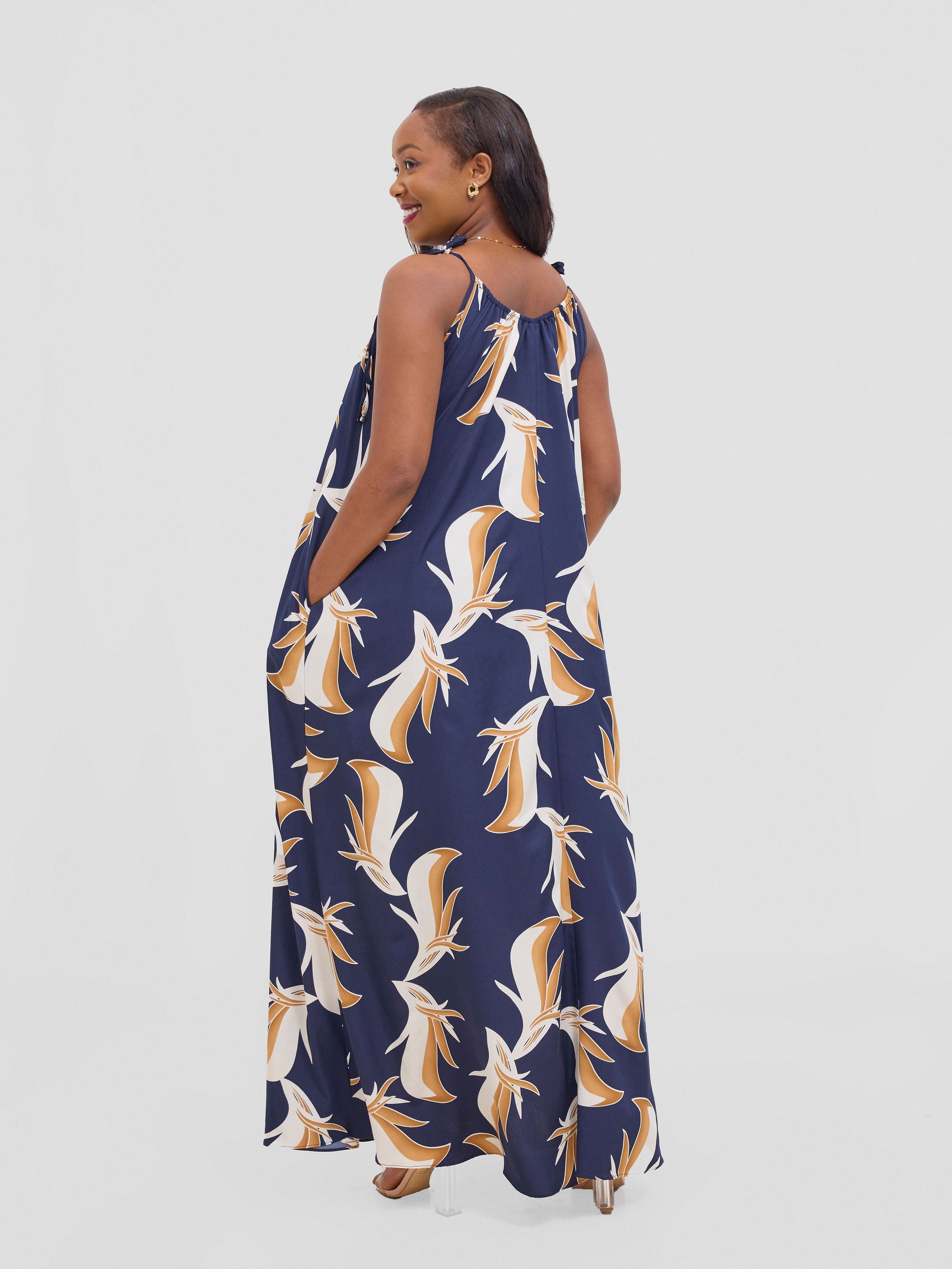 Vivo Maisha Strappy Maxi Cover Up Dress - Navy / Off White Print