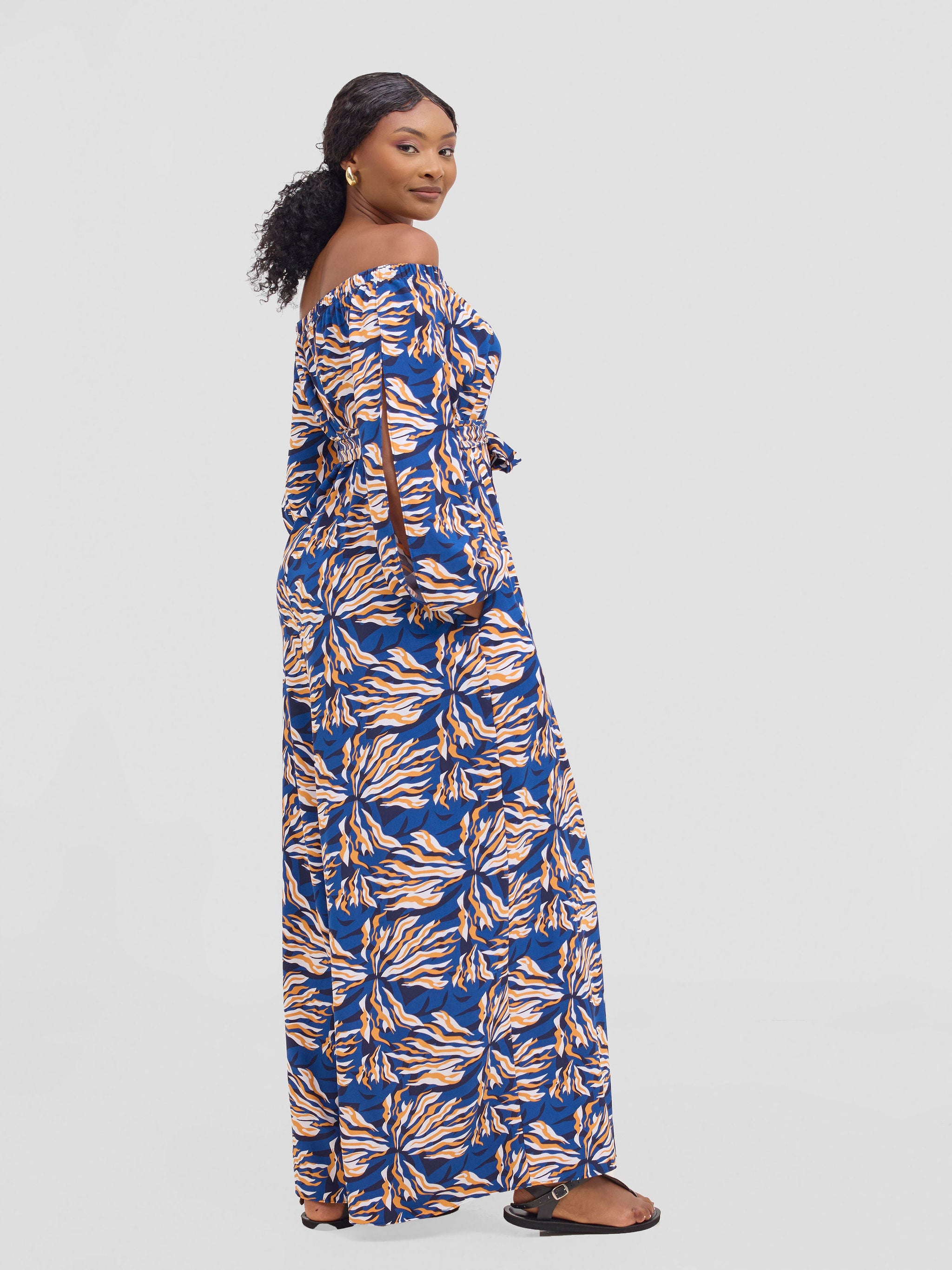 Vivo Yumi Off Shoulder Jumpsuit - Cream / Navy Miyu Print