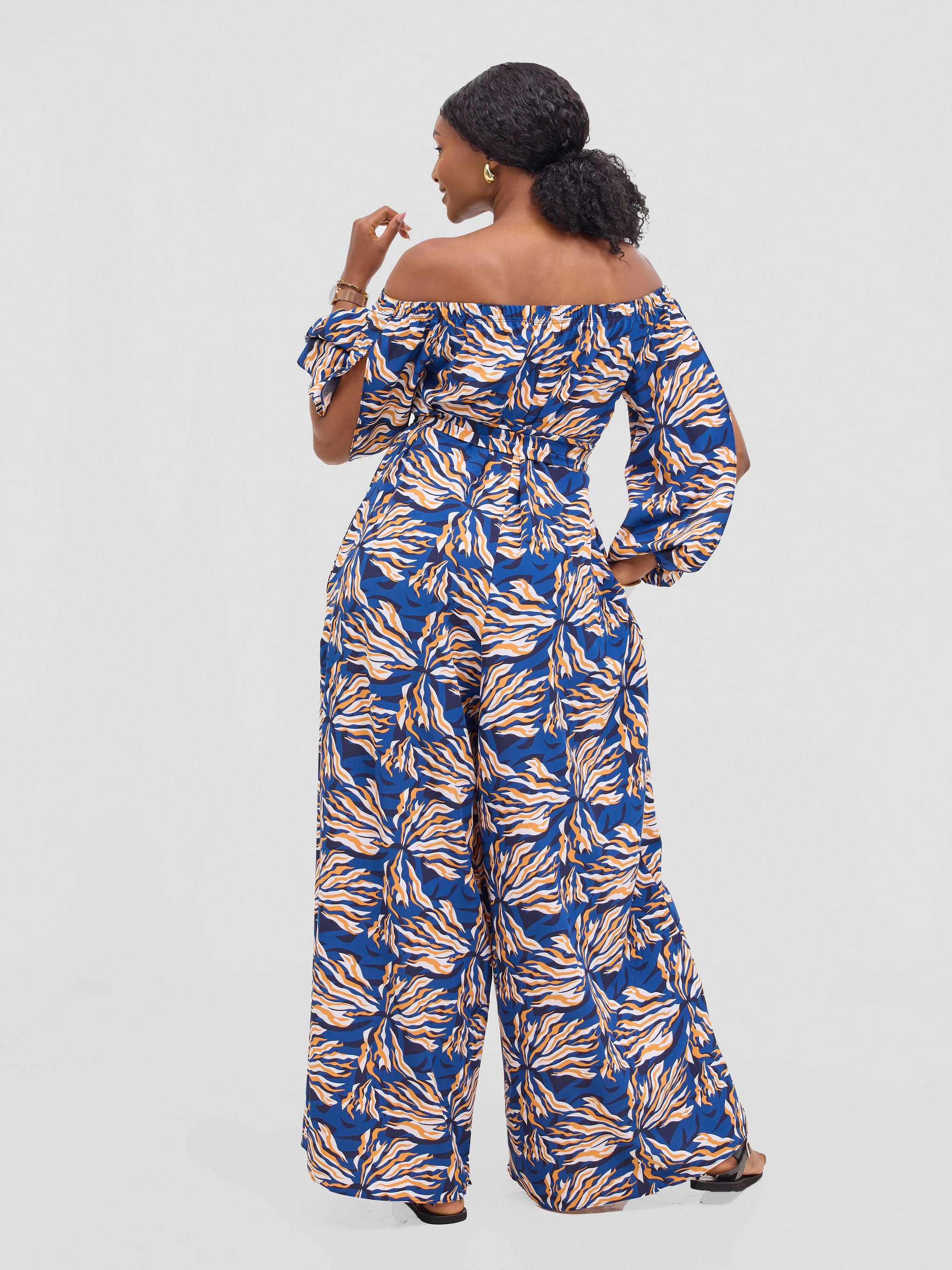 Vivo Yumi Off Shoulder Jumpsuit - Cream / Navy Miyu Print