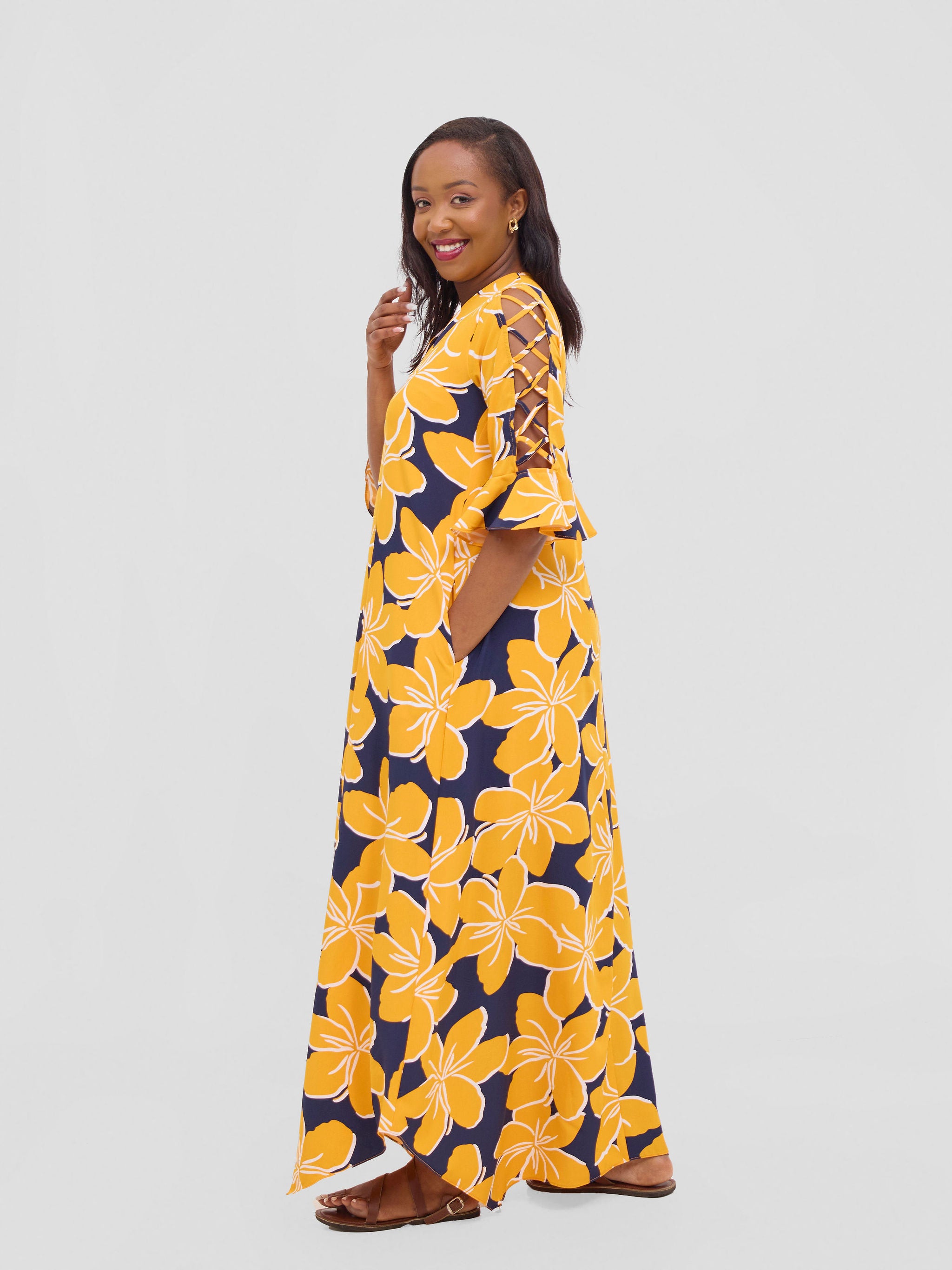 Vivo Dali 3/4 Cut Out Sleeve Maxi Dress - Yellow / Navy Print