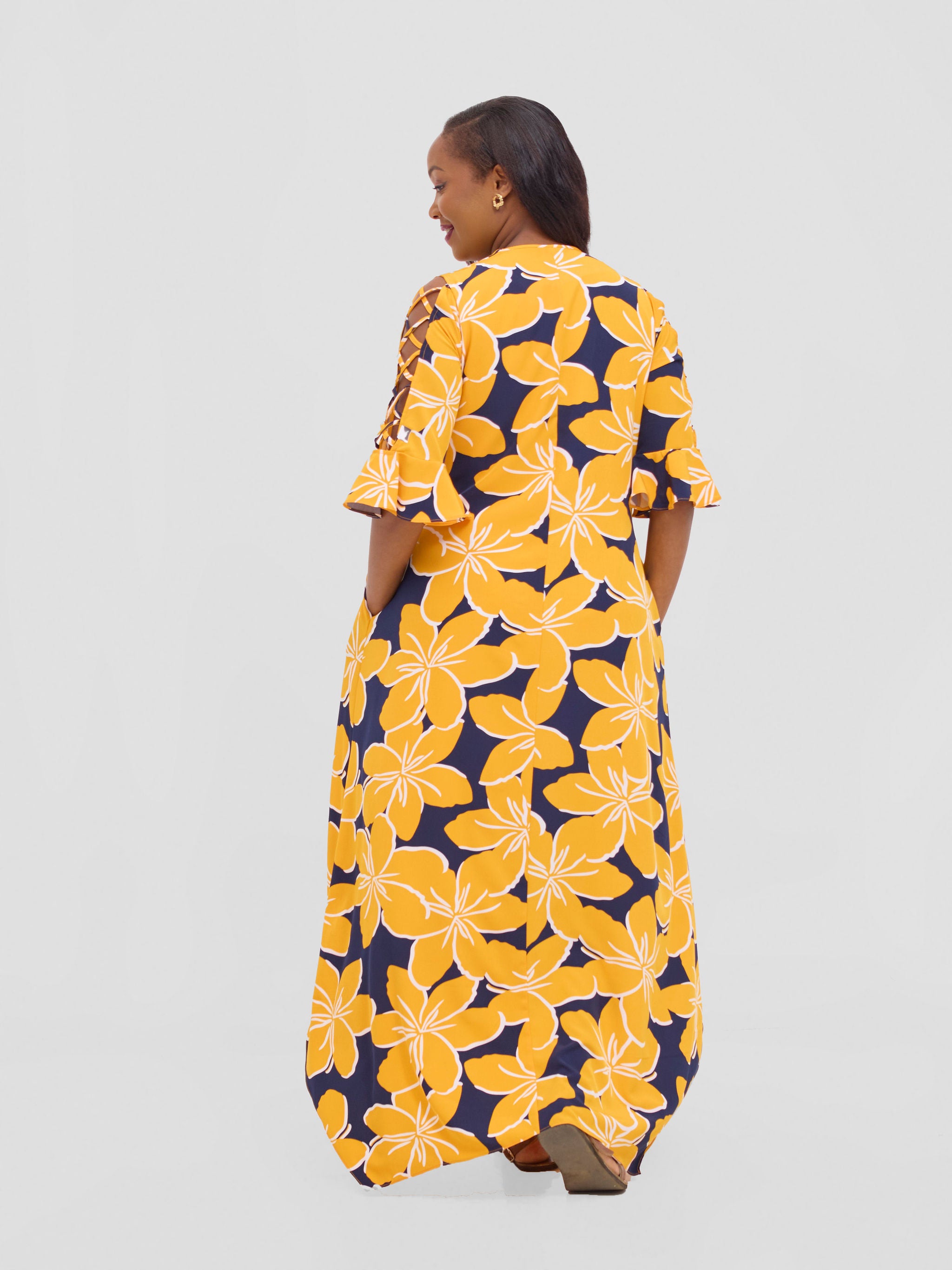 Vivo Dali 3/4 Cut Out Sleeve Maxi Dress - Yellow / Navy Print