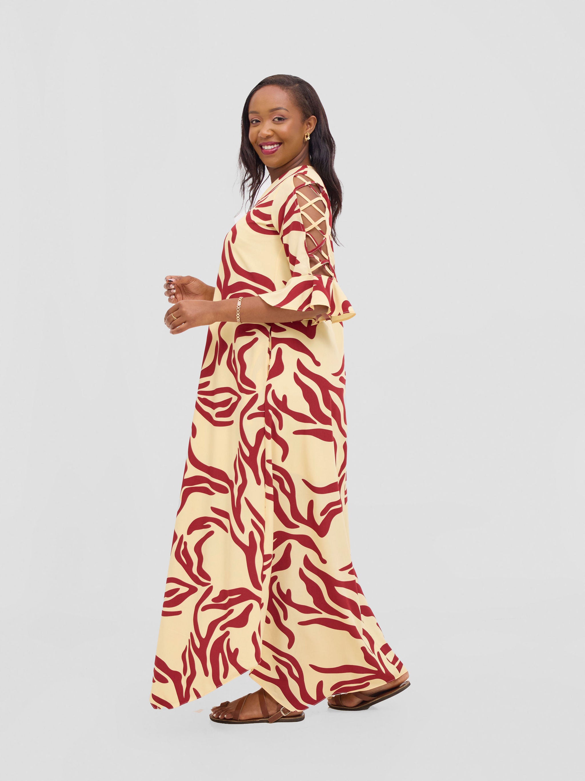 Vivo Dali 3/4 Cut Out Sleeve Maxi Dress - Cream / Maroon Print