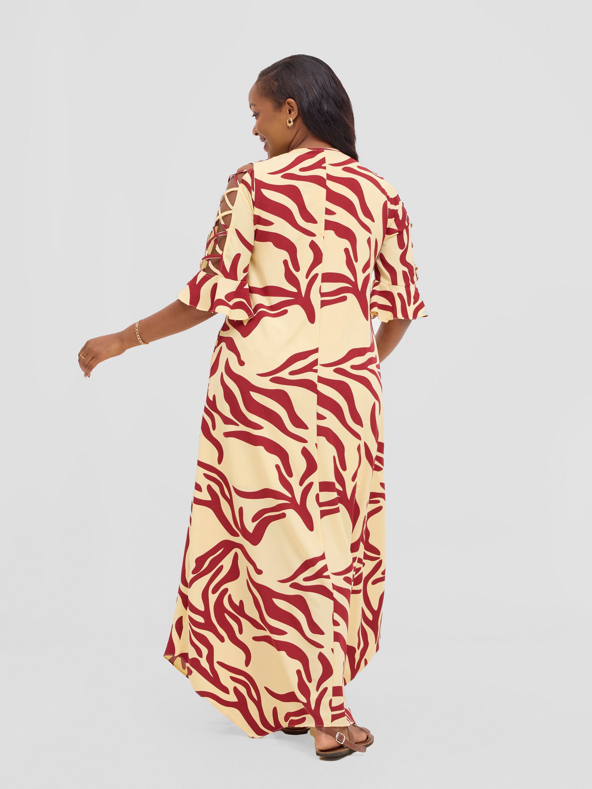Vivo Dali 3/4 Cut Out Sleeve Maxi Dress - Cream / Maroon Print