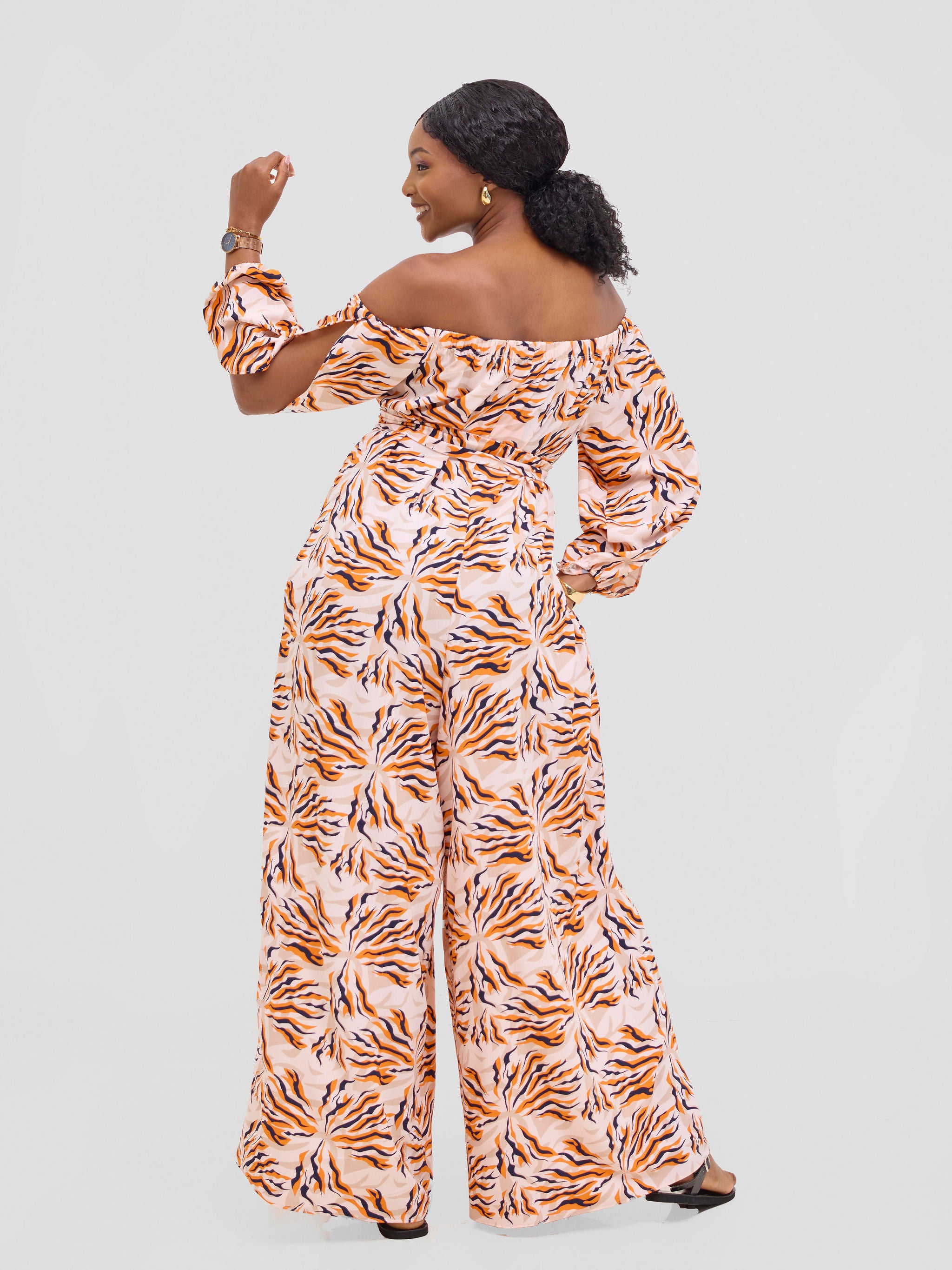 Vivo Yumi Off Shoulder Jumpsuit - Orange / Black Miyu Print