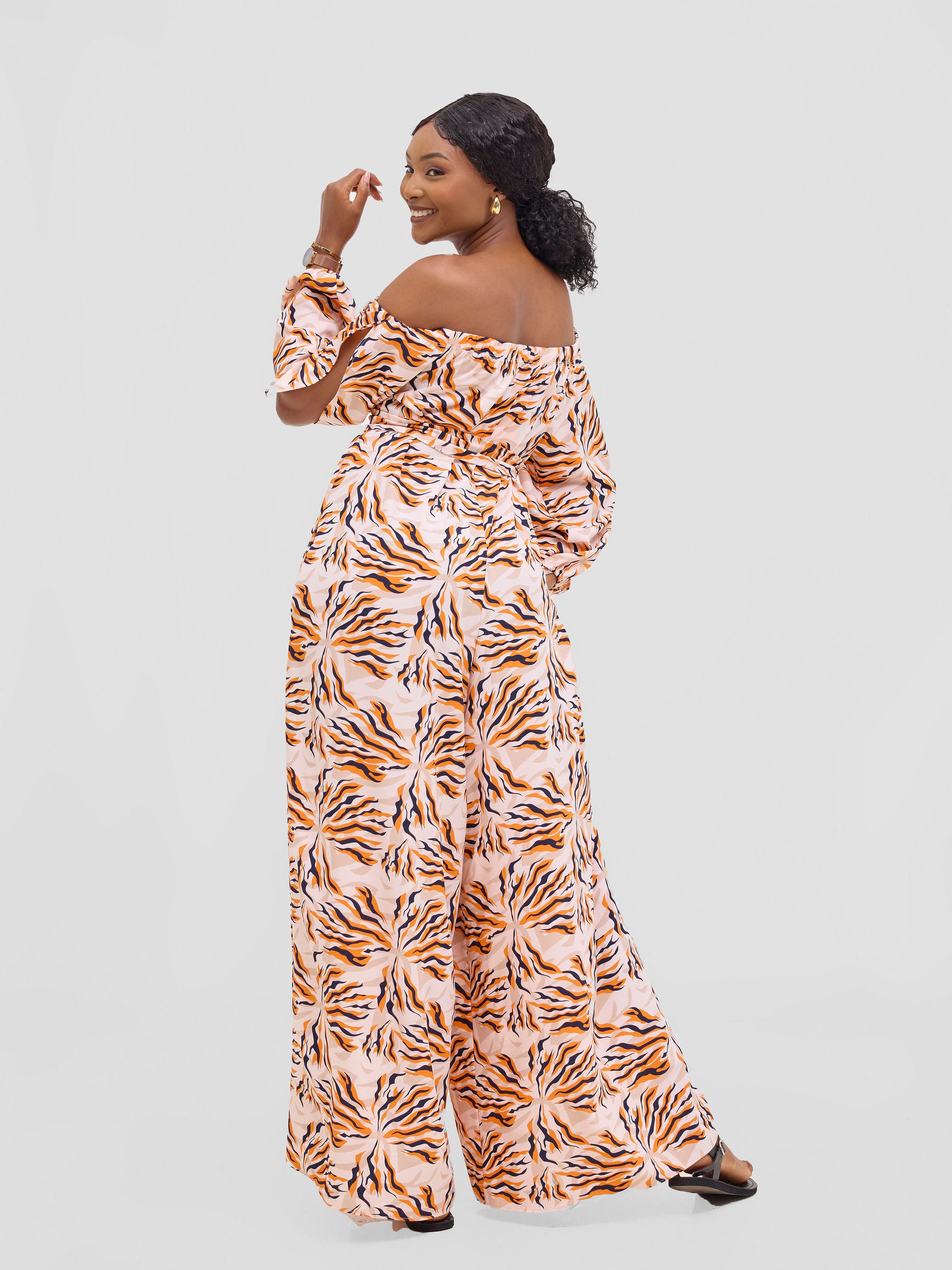 Vivo Yumi Off Shoulder Jumpsuit - Orange / Black Miyu Print