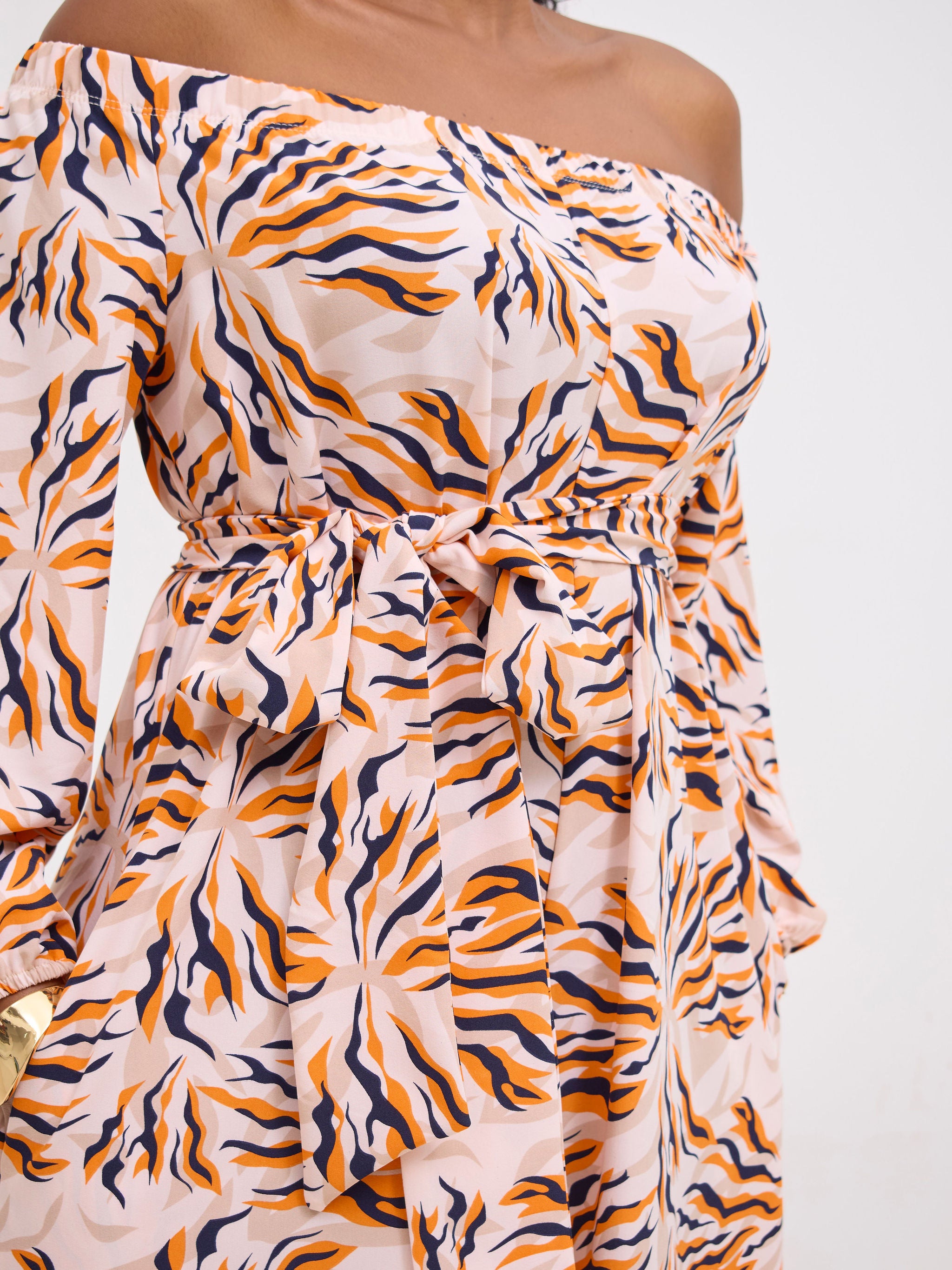 Vivo Yumi Off Shoulder Jumpsuit - Orange / Black Miyu Print