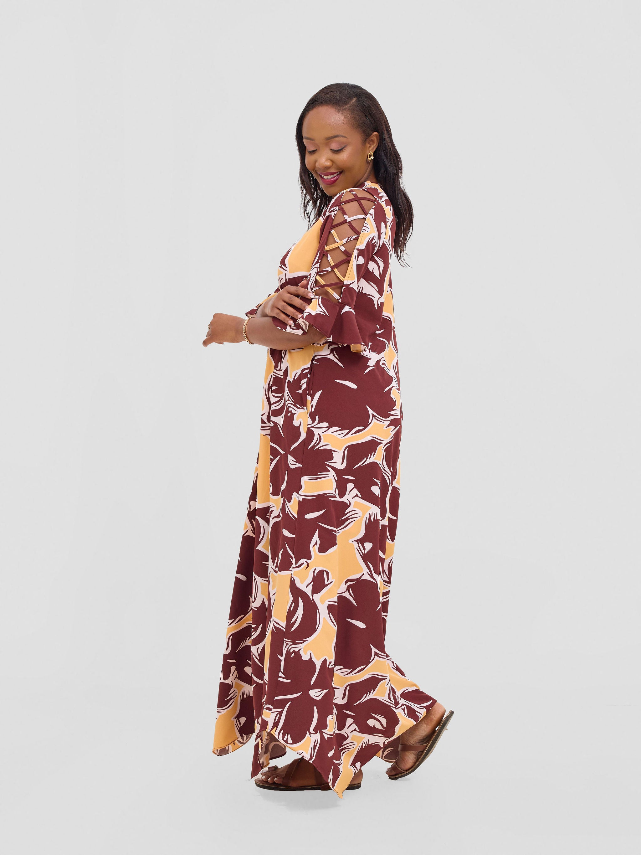 Vivo Dali 3/4 Cut Out Sleeve Maxi Dress - Burgundy / Peach Print