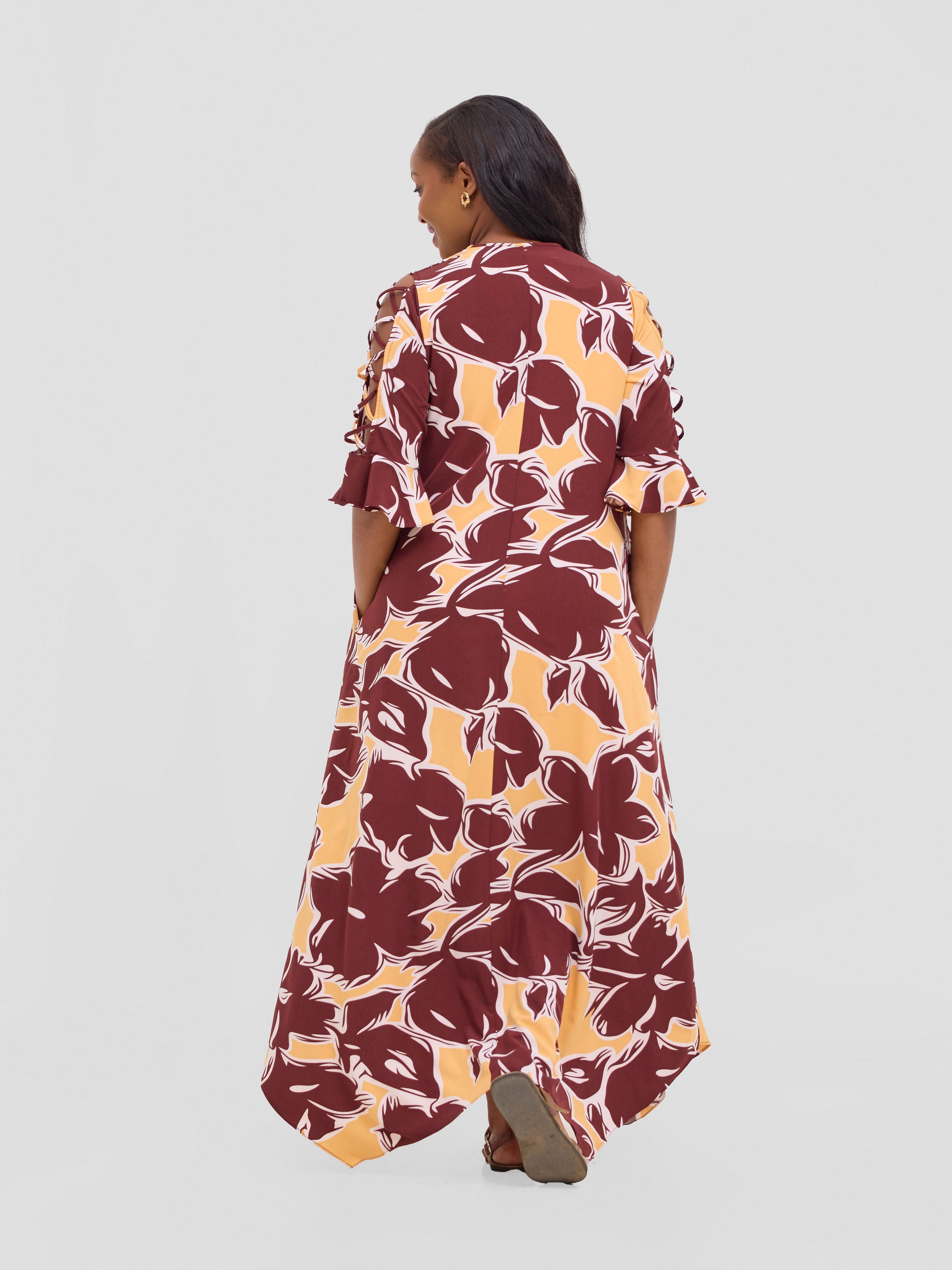 Vivo Dali 3/4 Cut Out Sleeve Maxi Dress - Burgundy / Peach Print