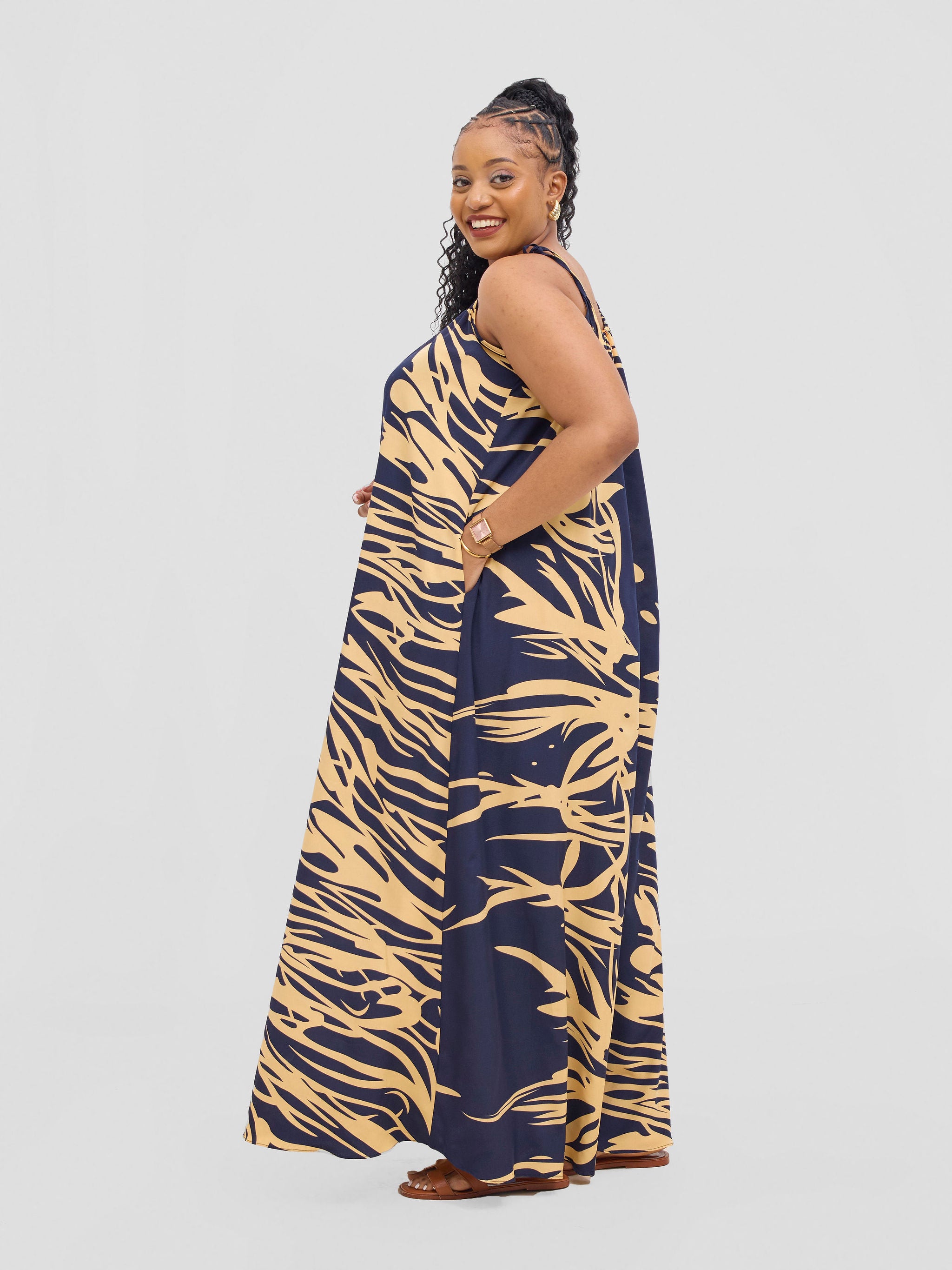 Vivo Maisha Strappy Maxi Cover Up Dress - Navy / Cream Print