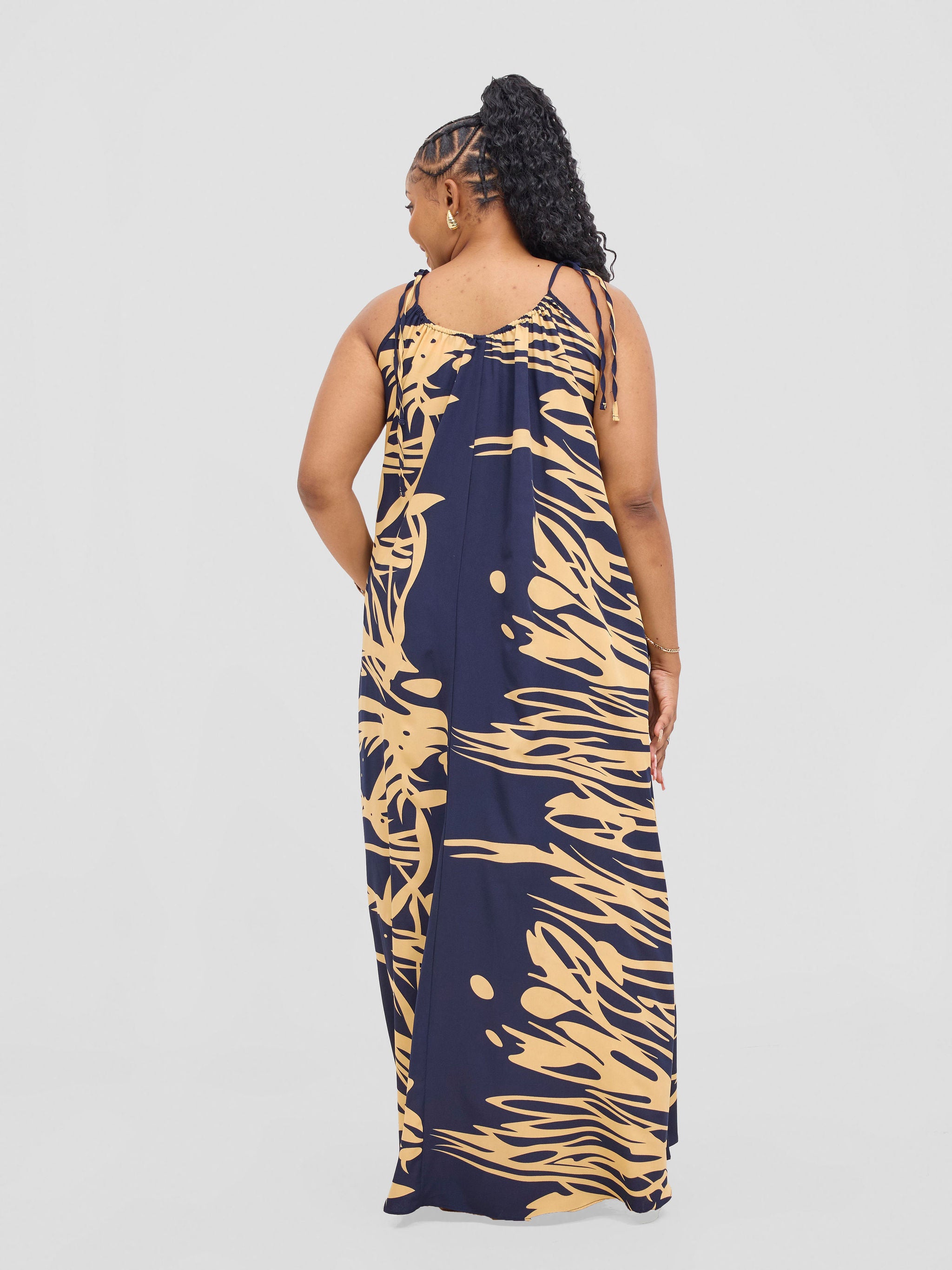 Vivo Maisha Strappy Maxi Cover Up Dress - Navy / Cream Print