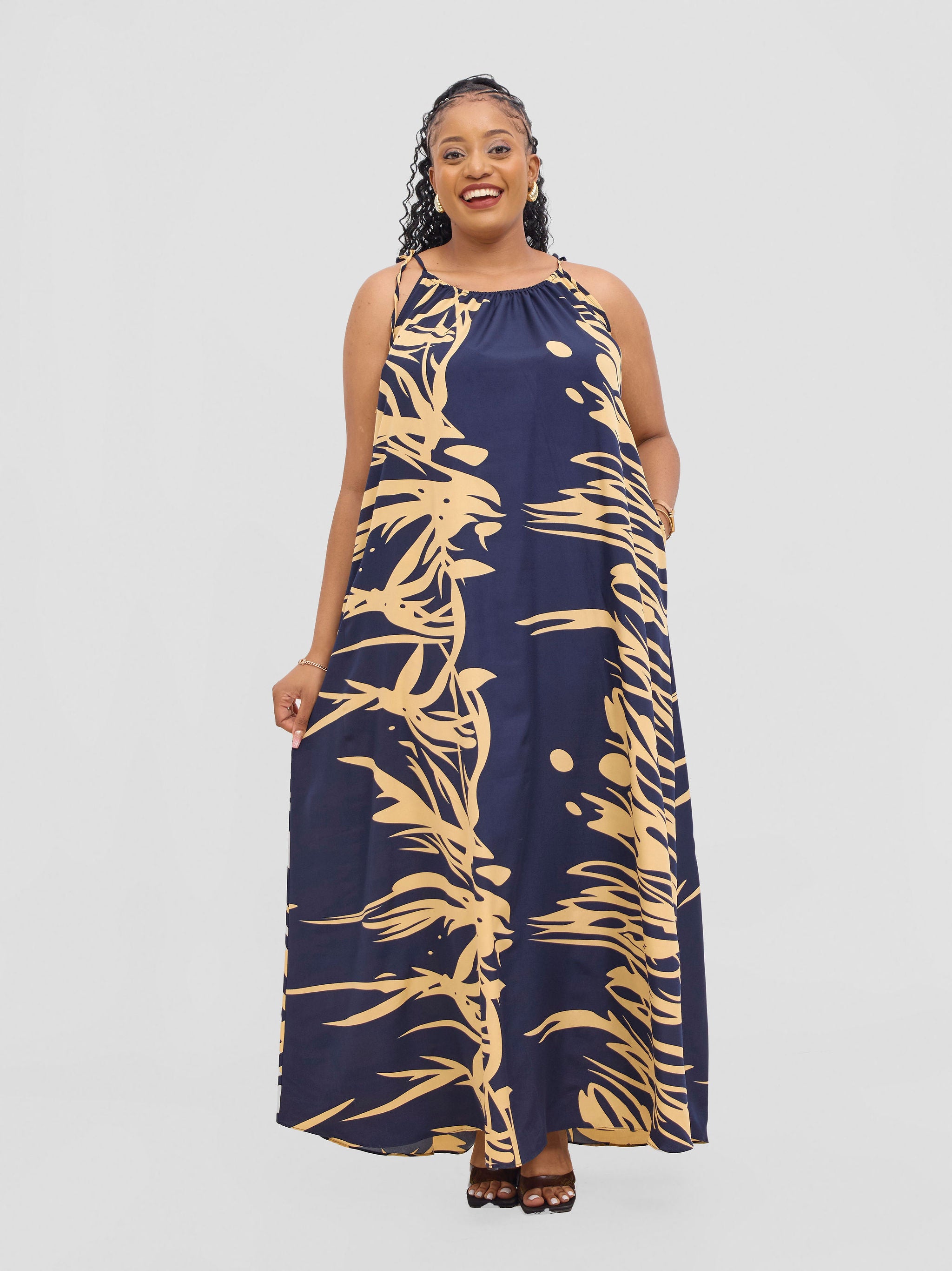 Vivo Maisha Strappy Maxi Cover Up Dress - Navy / Cream Print