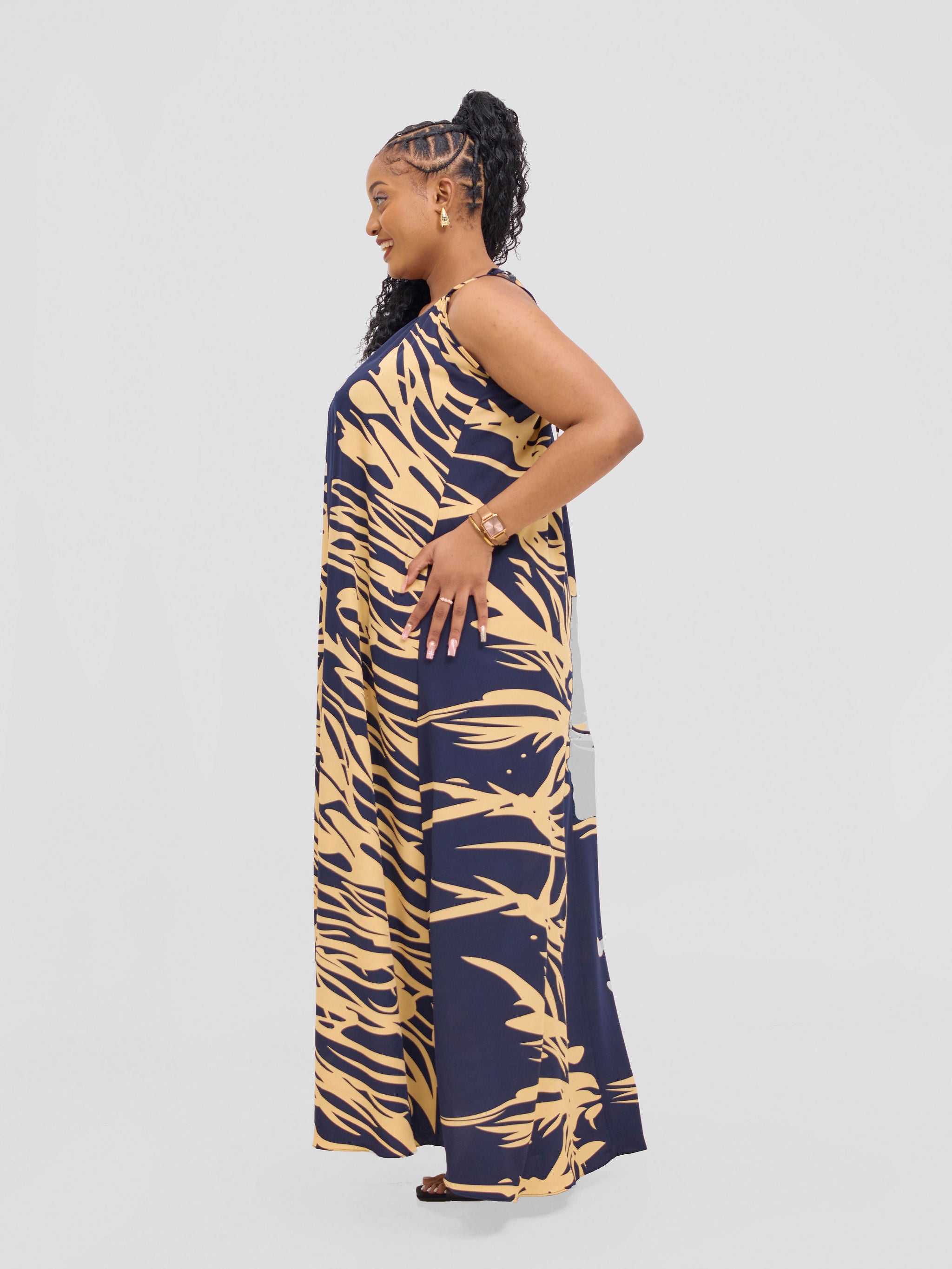 Vivo Maisha Strappy Maxi Cover Up Dress - Navy / Cream Print