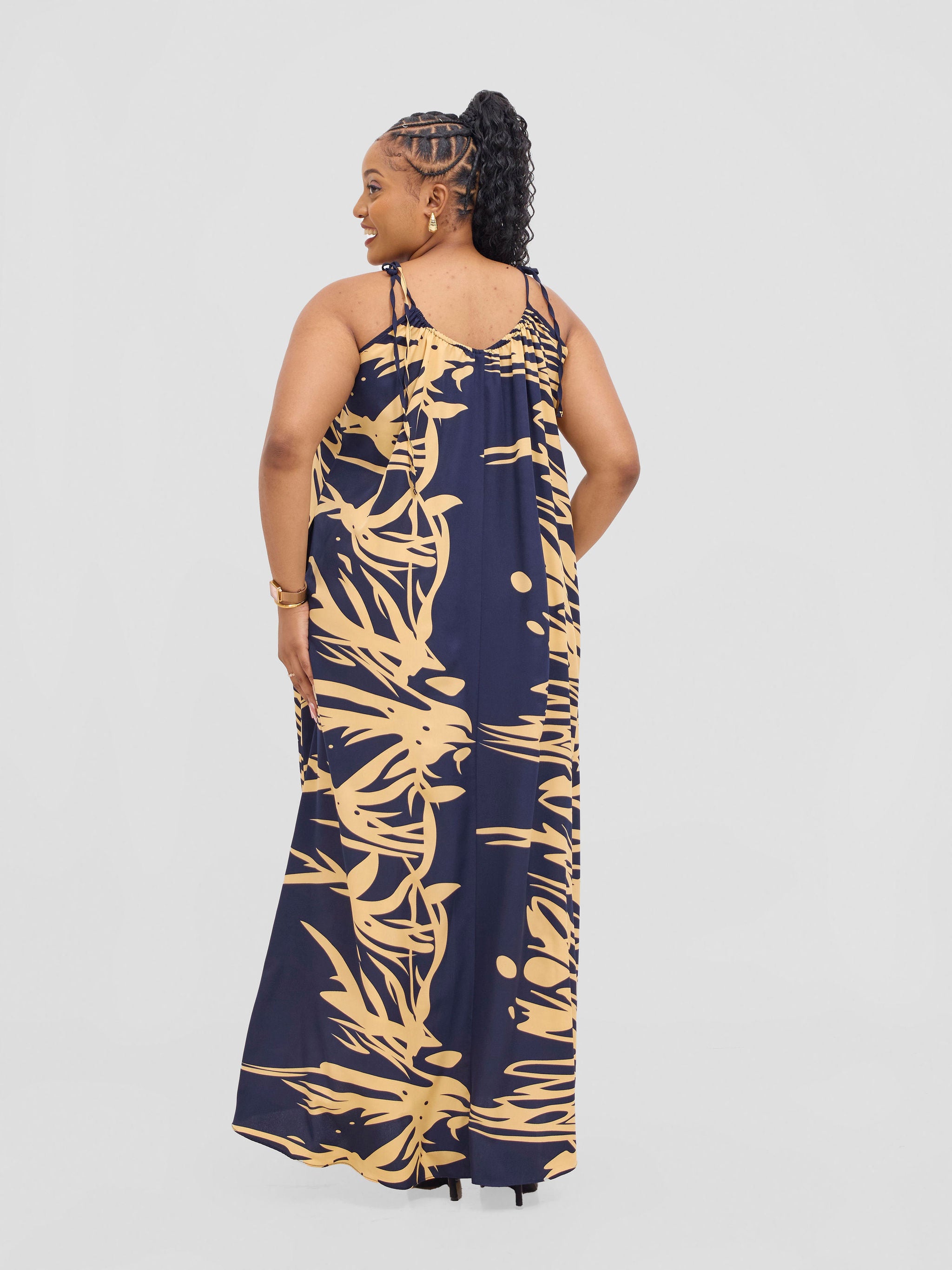 Vivo Maisha Strappy Maxi Cover Up Dress - Navy / Cream Print
