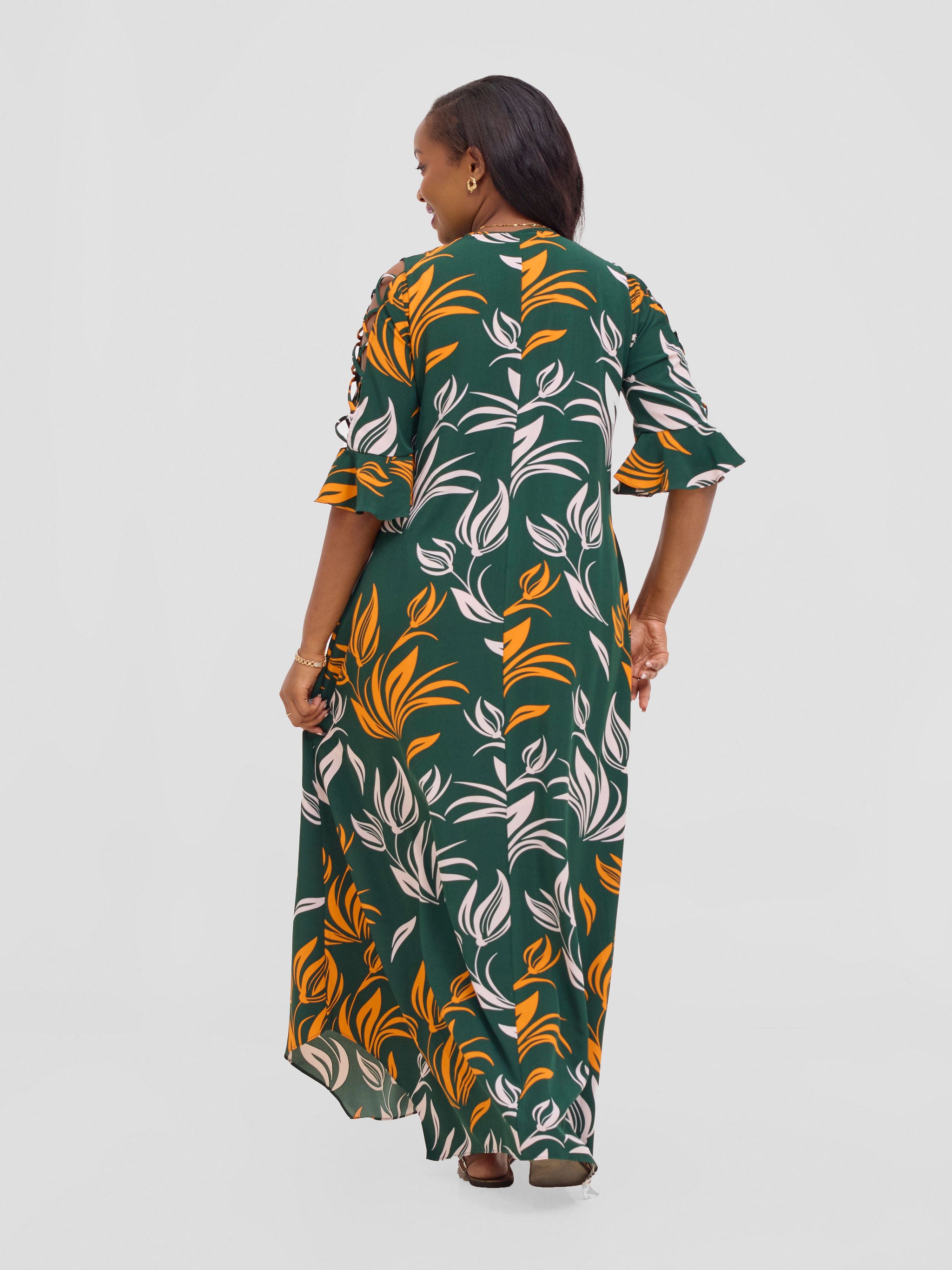 Vivo Dali 3/4 Cut Out Sleeve Maxi Dress - Green / Orange Print