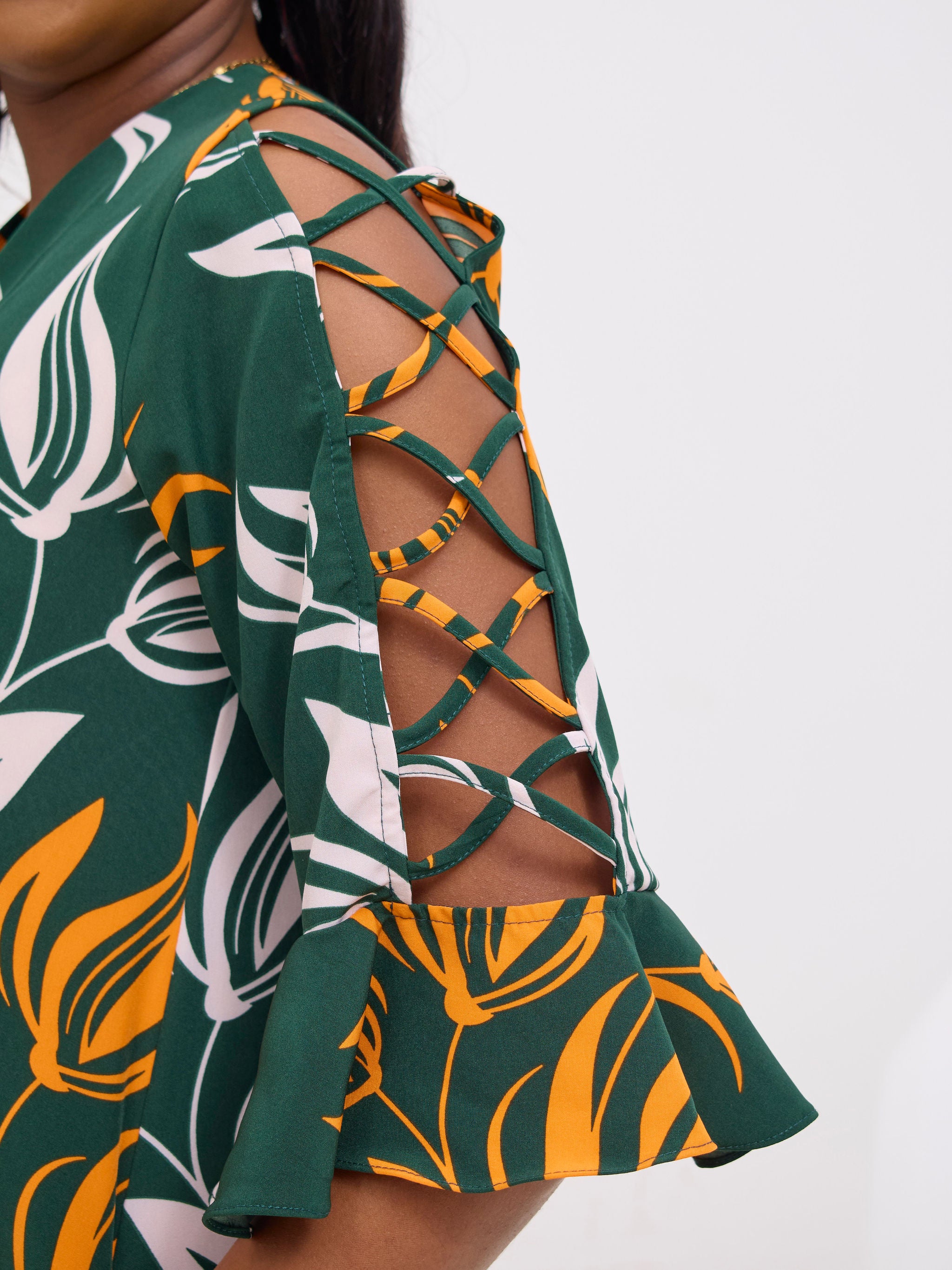 Vivo Dali 3/4 Cut Out Sleeve Maxi Dress - Green / Orange Print
