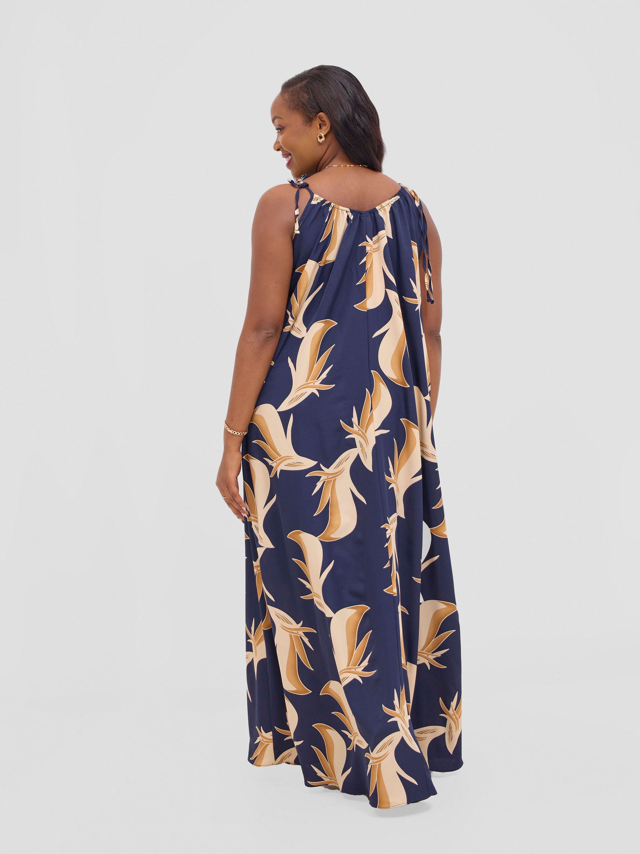 Vivo Maisha Strappy Maxi Cover Up Dress - Navy / Beige Print
