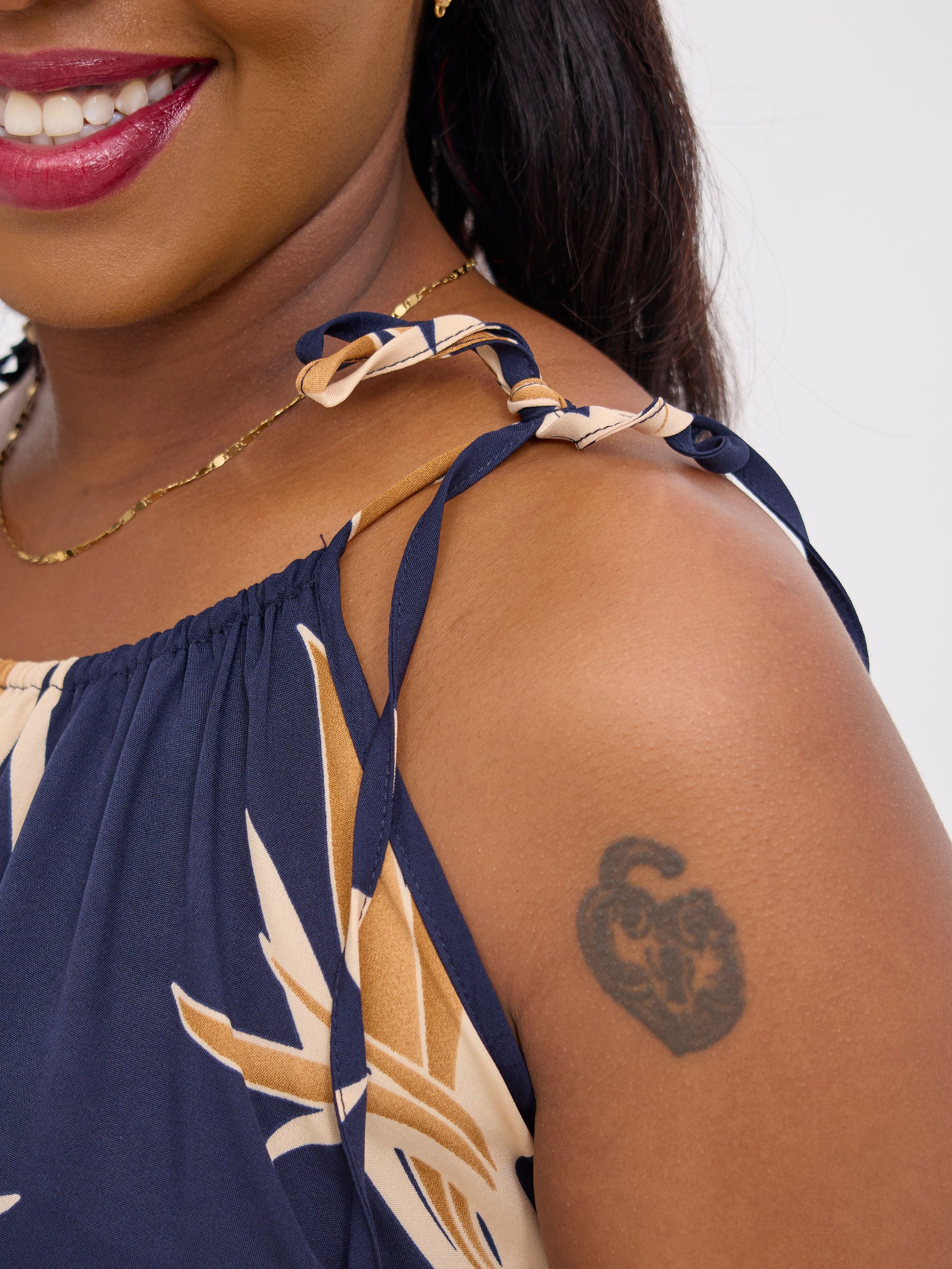 Vivo Maisha Strappy Maxi Cover Up Dress - Navy / Beige Print