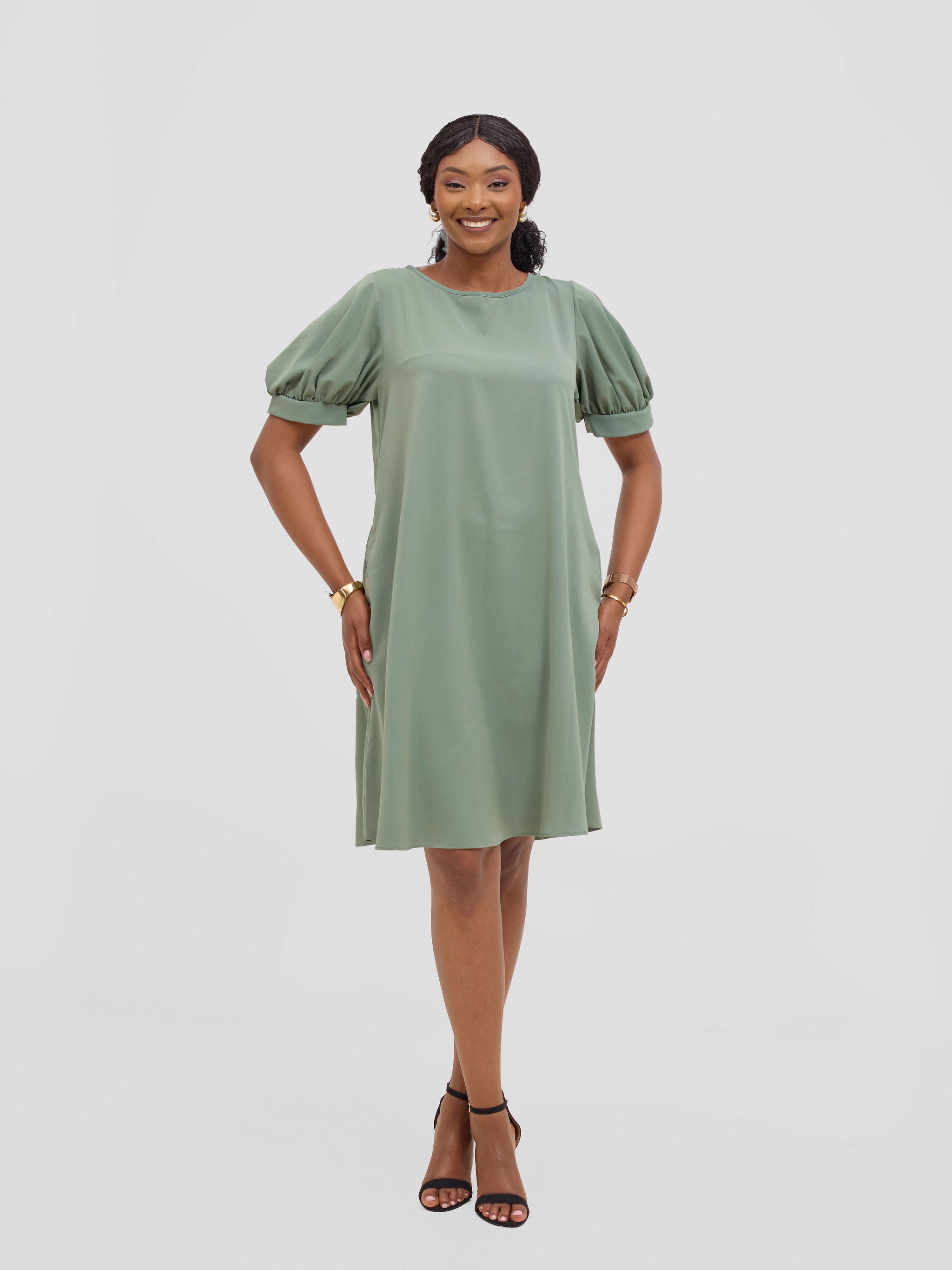 Vivo Wingu Puff Sleeve Knee Length Dress - Dusty Green