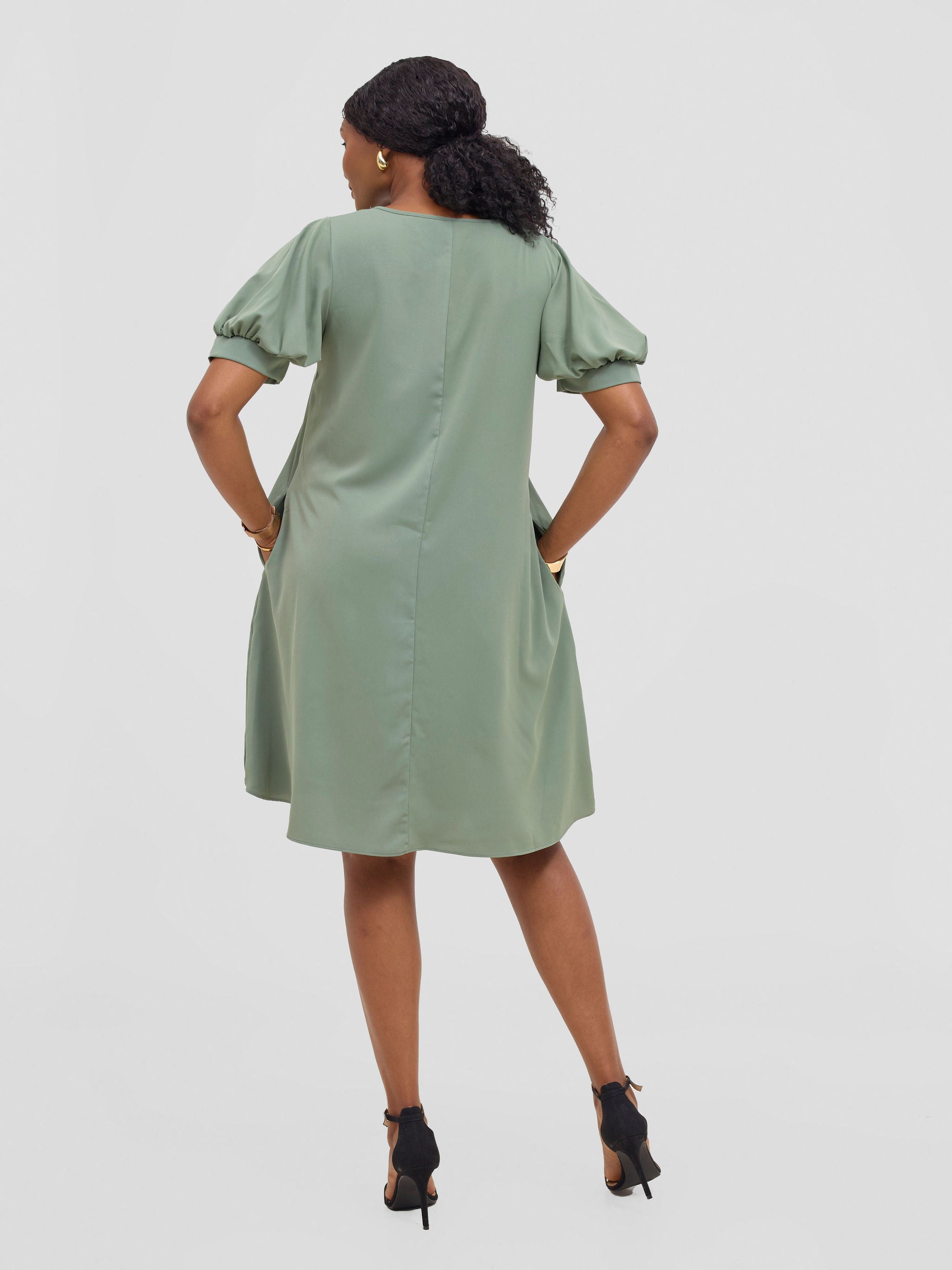 Vivo Wingu Puff Sleeve Knee Length Dress - Dusty Green