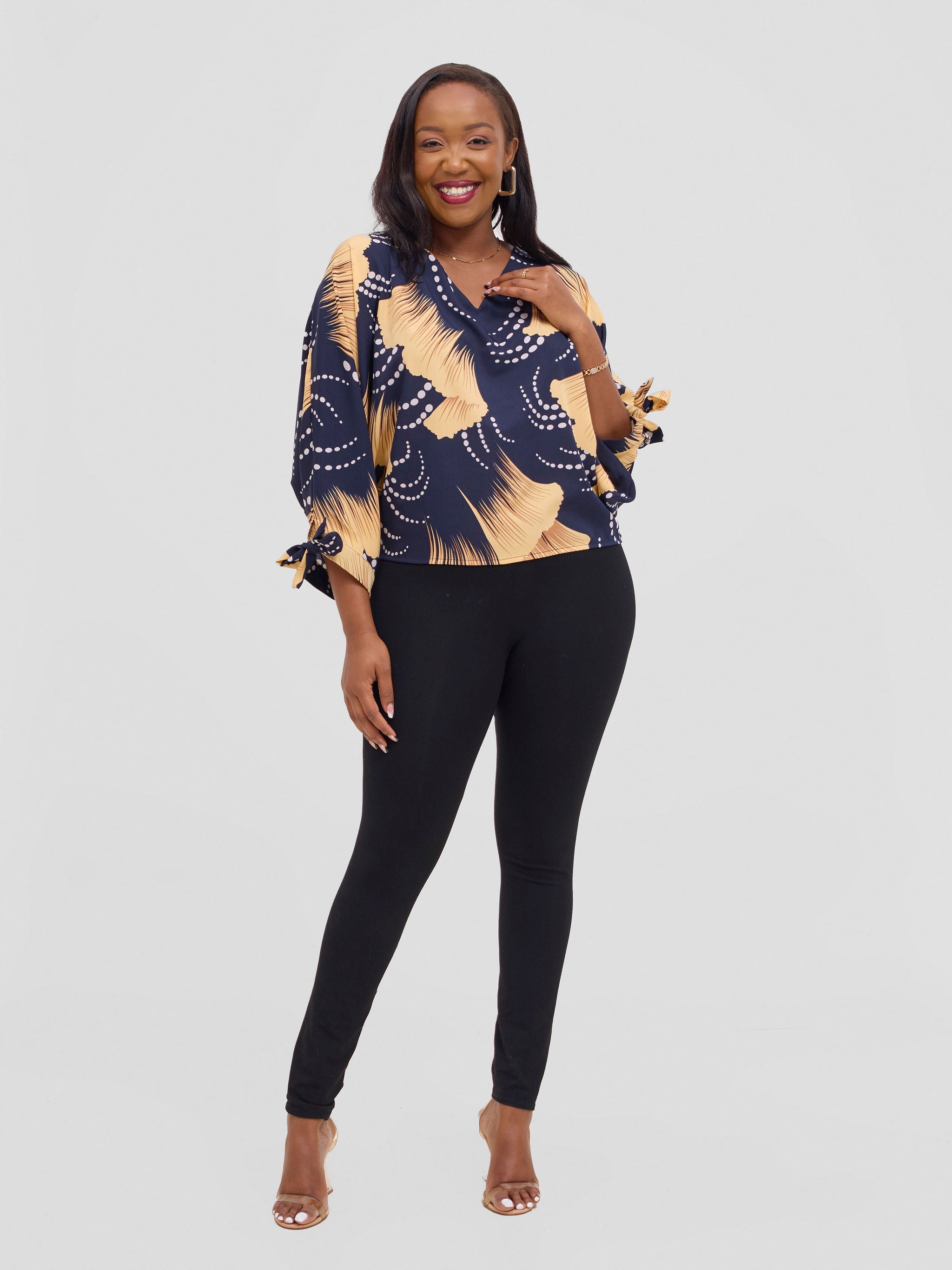 Vivo Sanali Batwing Tie Top -  Navy / White Print