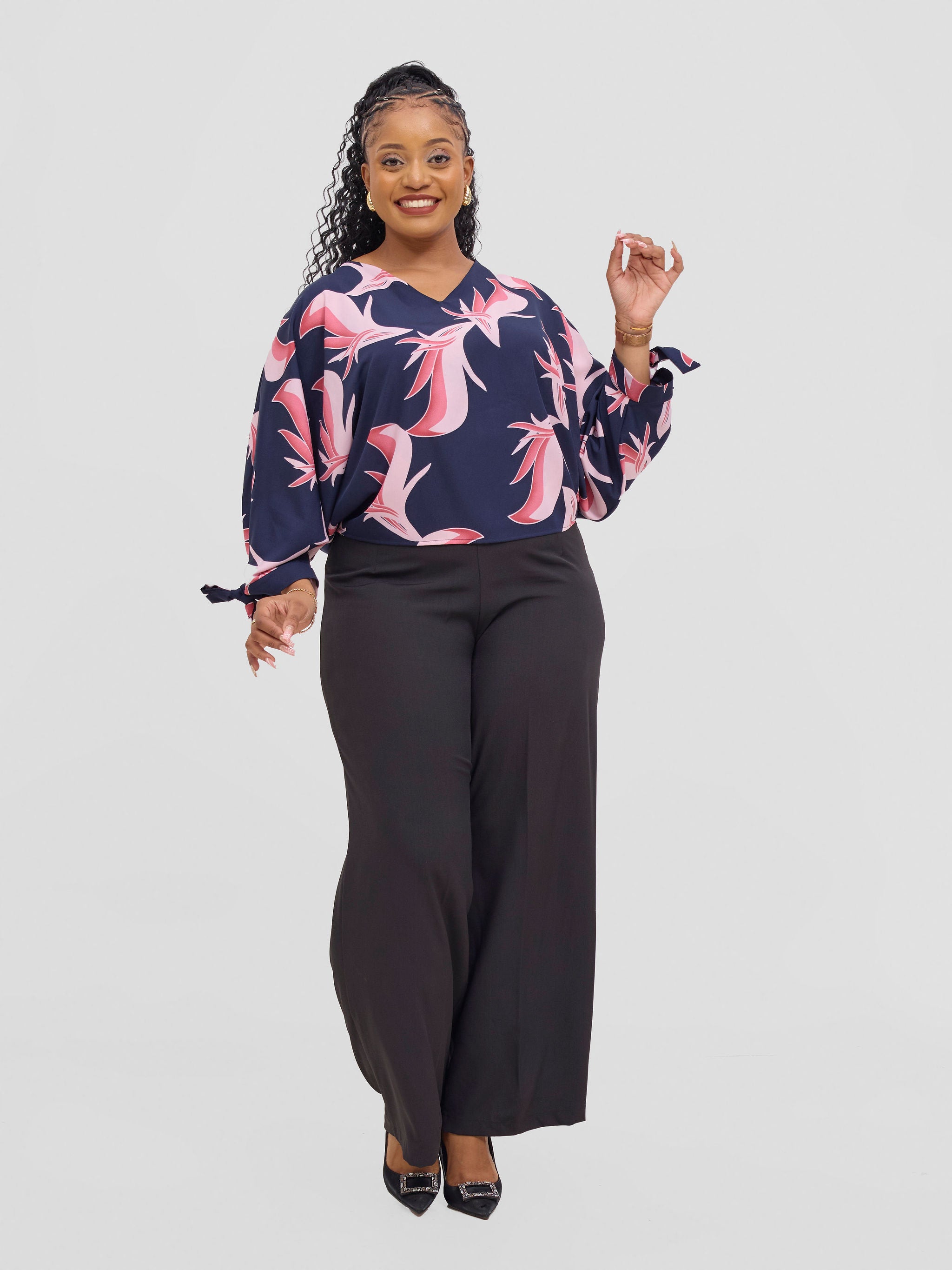 Vivo Sanali Batwing Tie Top -  Navy / Blush Pink Print