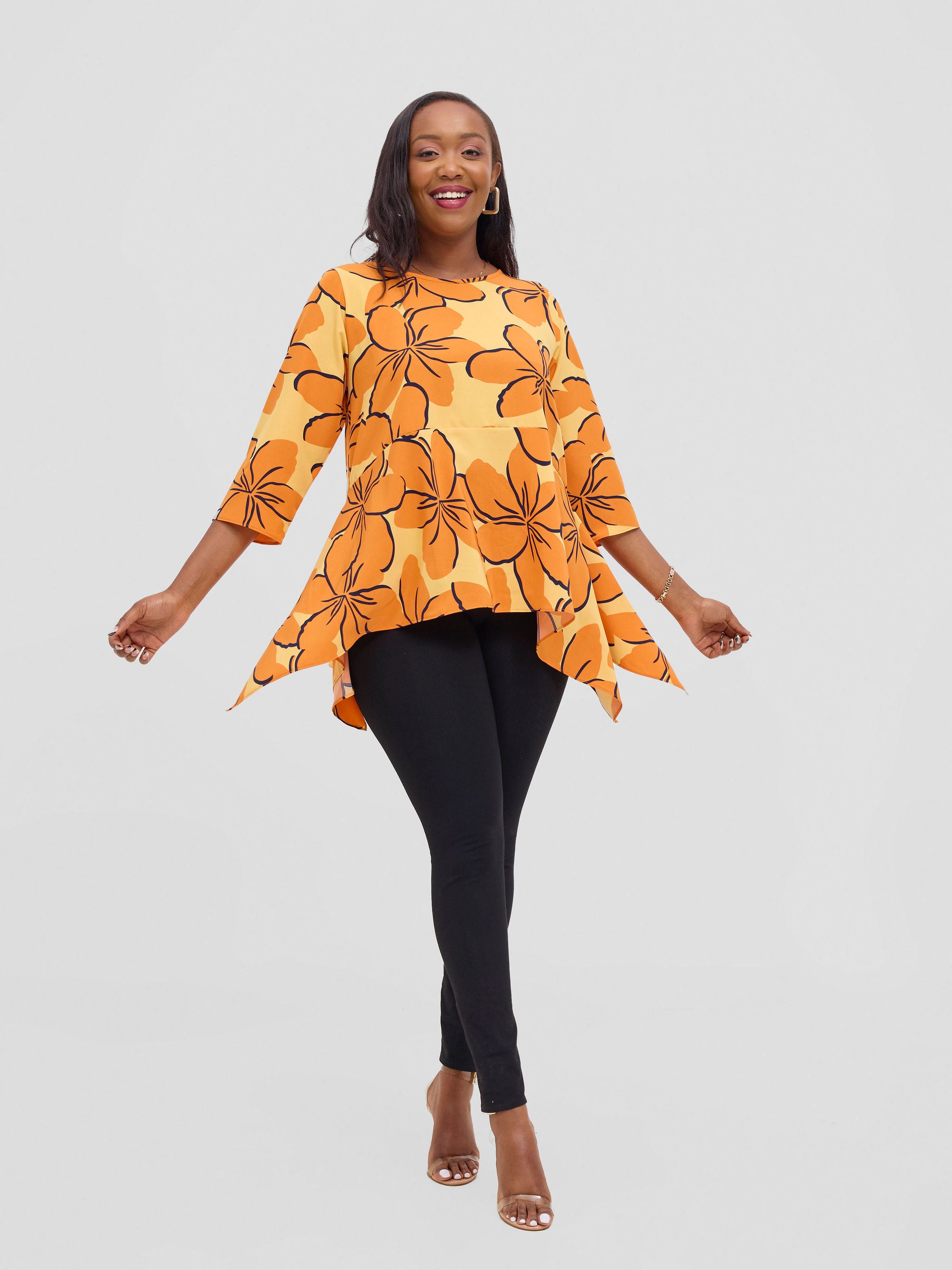 Vivo Soleil Handkerchief Drape Wide Top - Orange / Yellow Print