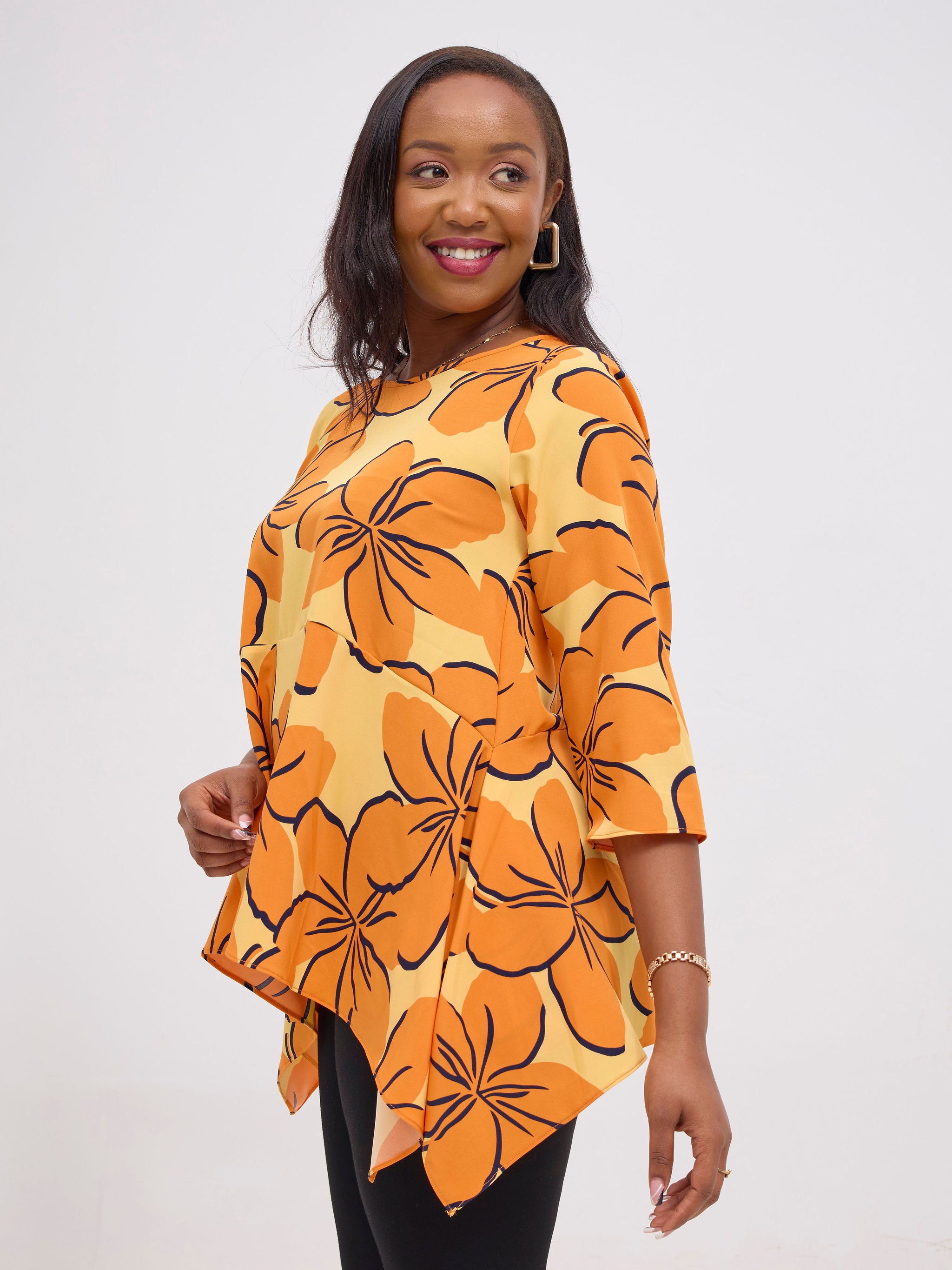 Vivo Soleil Handkerchief Drape Wide Top - Orange / Yellow Print