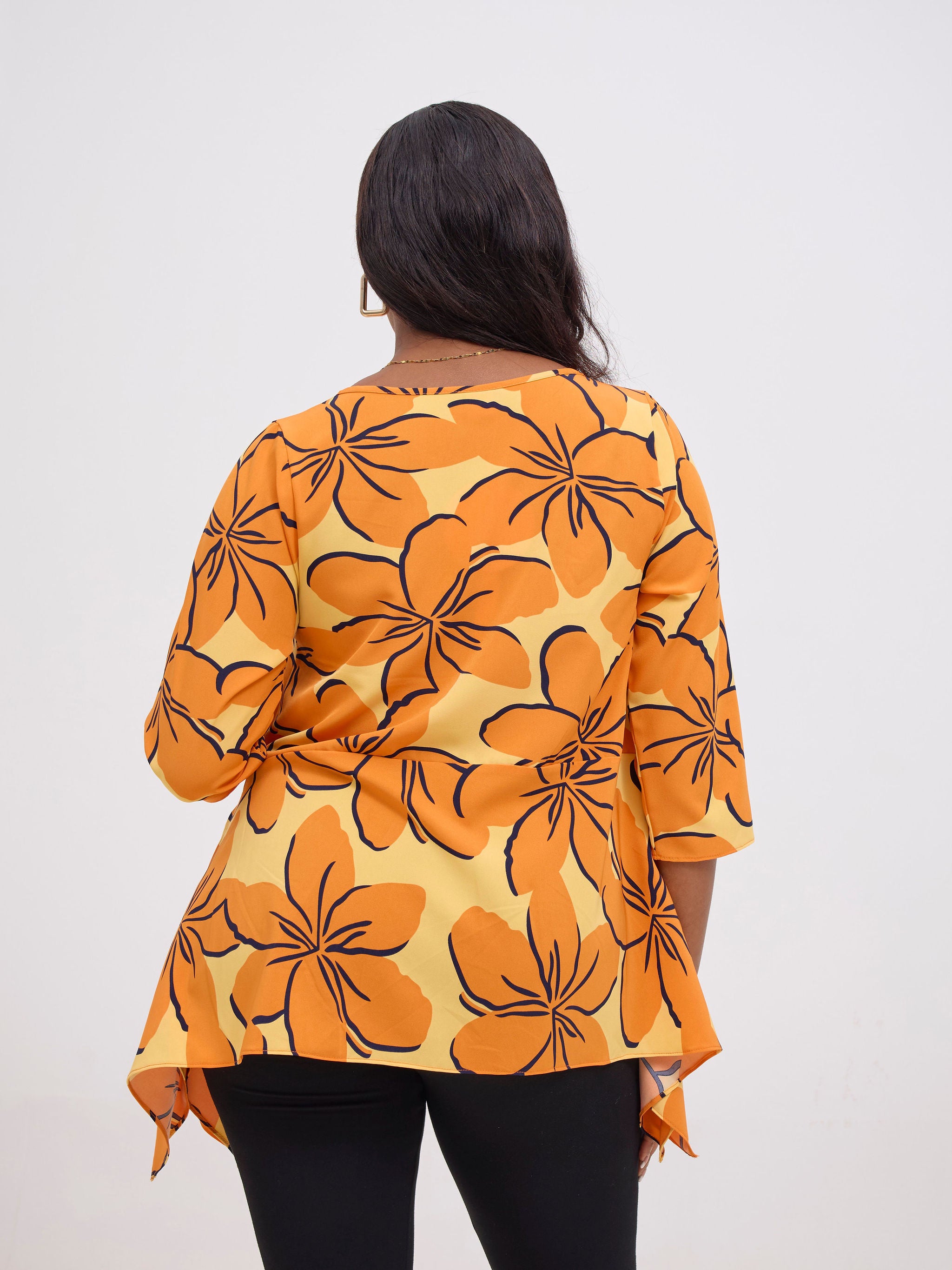 Vivo Soleil Handkerchief Drape Wide Top - Orange / Yellow Print