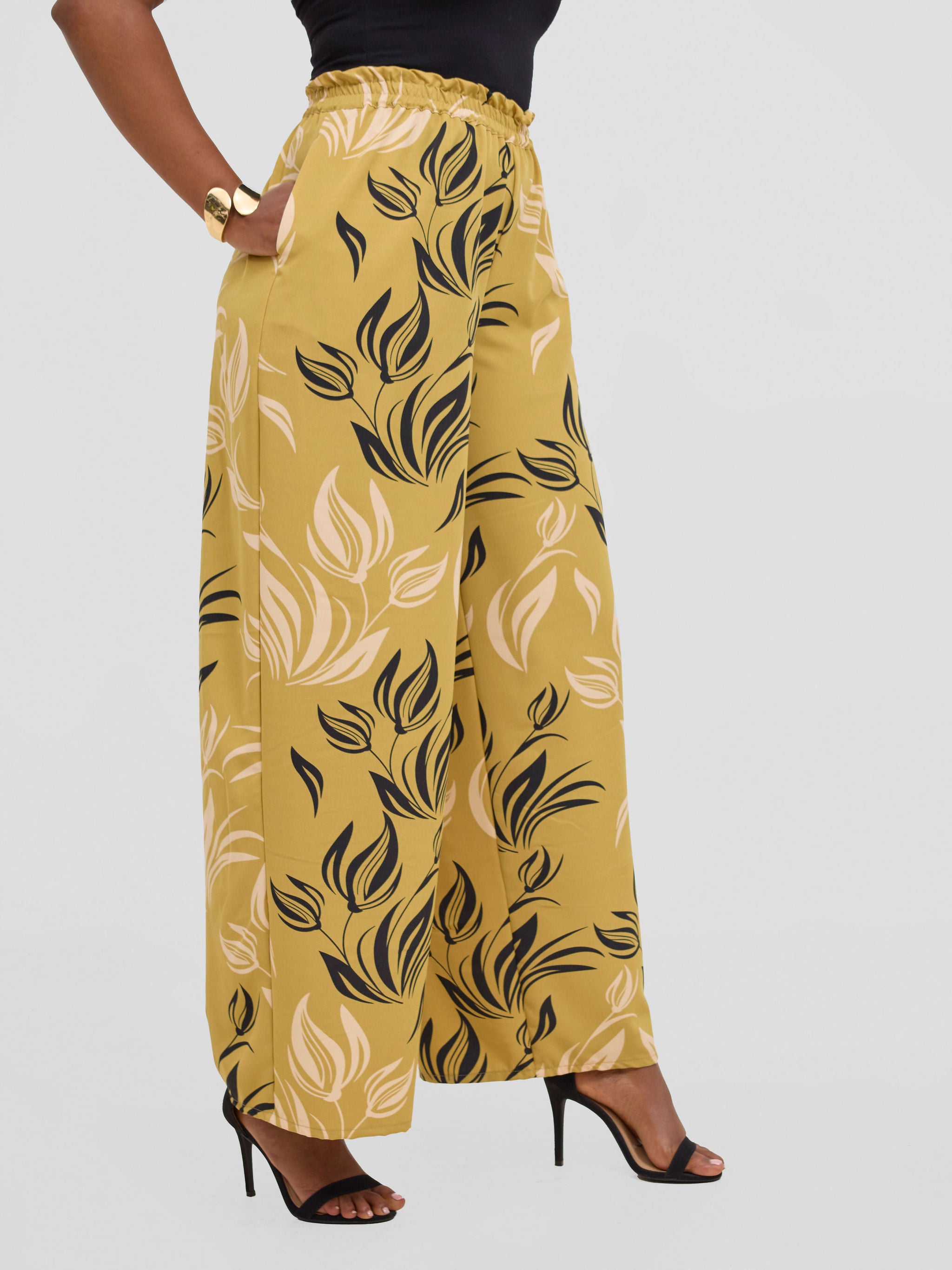 Vivo Sanali Wide Leg Pants - Dark Mustard / peach Print