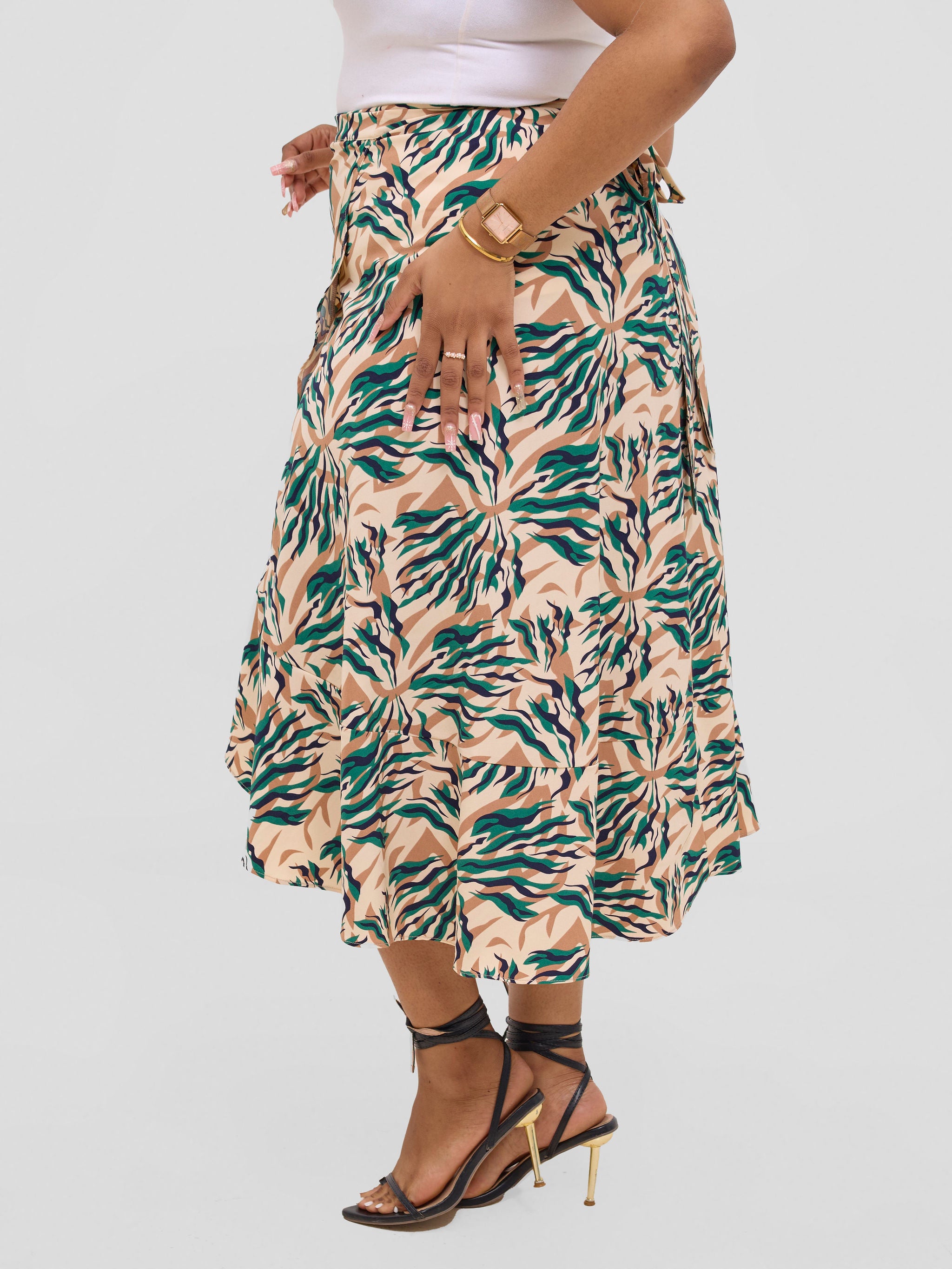 Vivo Malindi Flounce Wrap Skirt - Beige / Green Mali Print