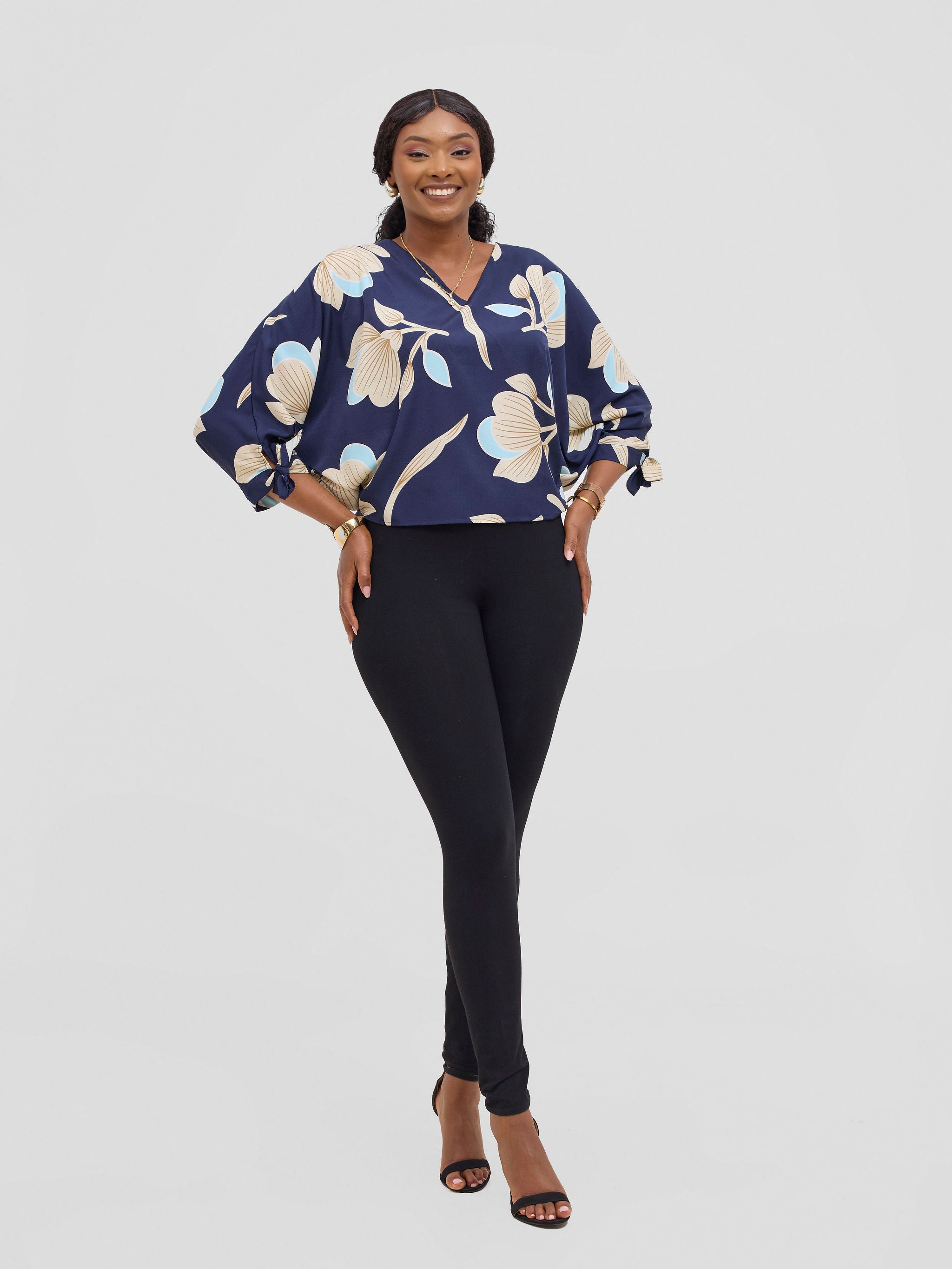 Vivo Sanali Batwing Tie Top -  Navy / Blue Print