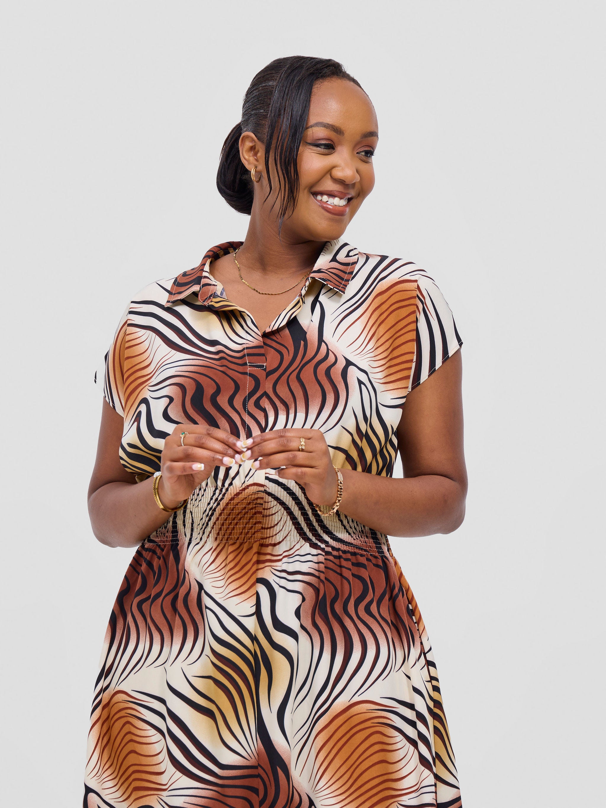 Vivo Zena Shirred Waist Maxi Shirt Dress - Cream Jazah Print