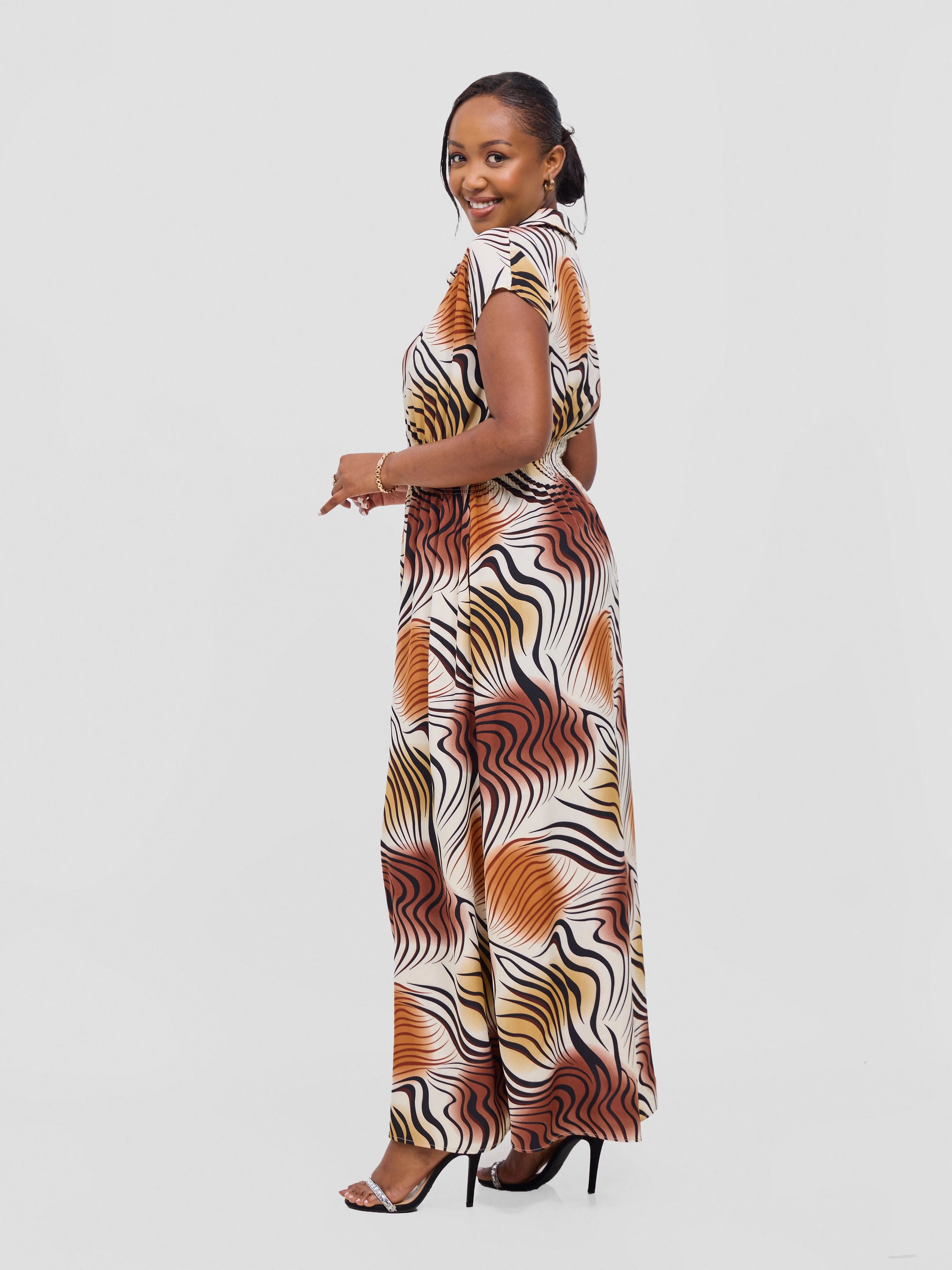 Vivo Zena Shirred Waist Maxi Shirt Dress - Cream Jazah Print